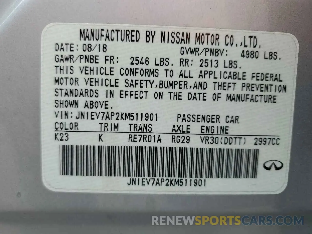 12 fotografías del automóvil dañado JN1EV7AP2KM511901 INFINITI Q50 2019