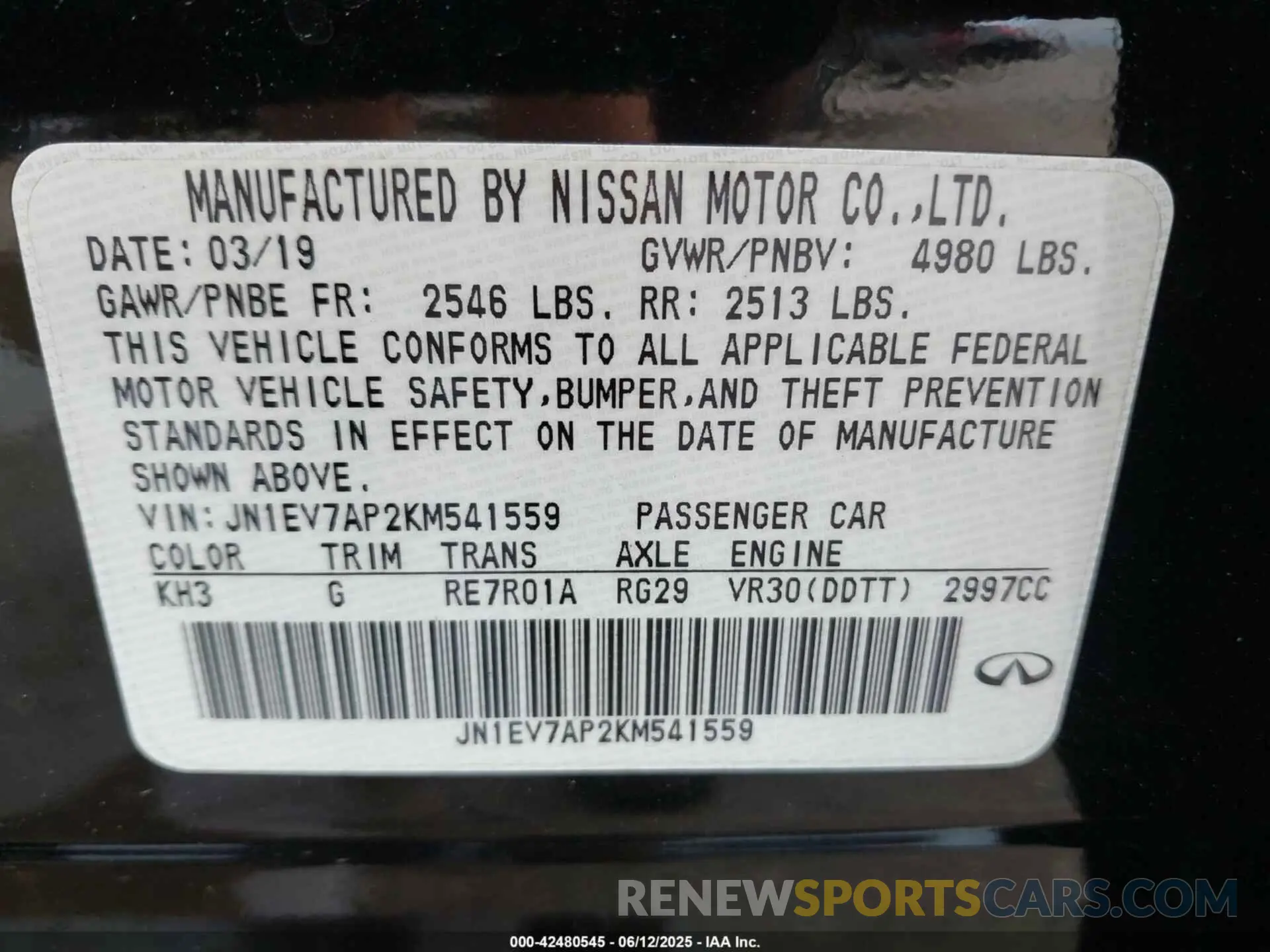 9 fotografías del automóvil dañado JN1EV7AP2KM541559 INFINITI Q50 2019