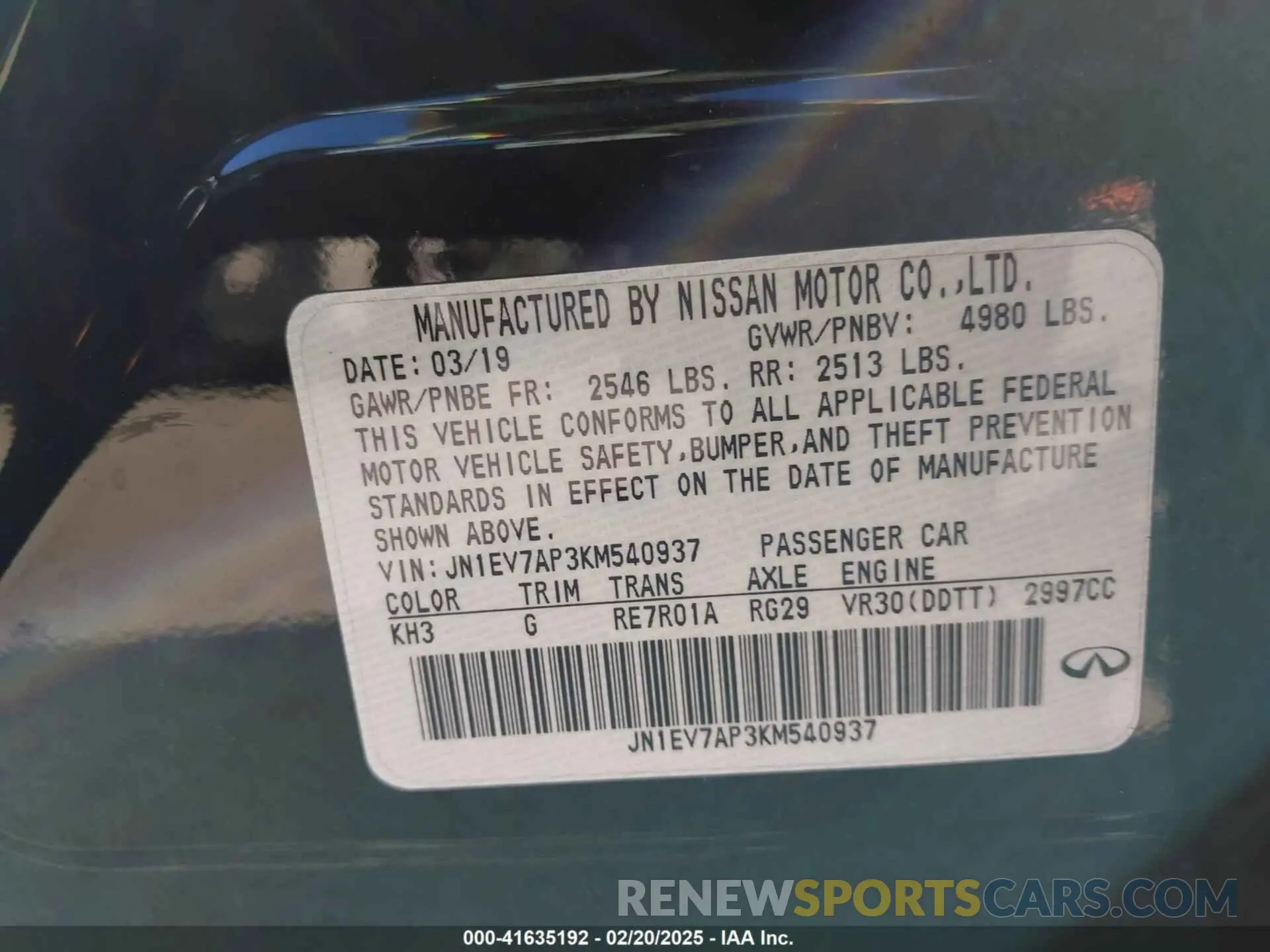 9 fotografías del automóvil dañado JN1EV7AP3KM540937 INFINITI Q50 2019