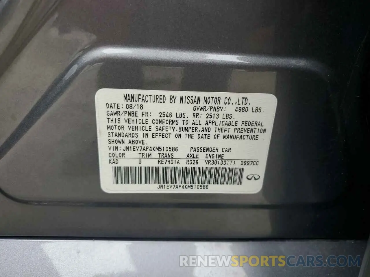 12 fotografías del automóvil dañado JN1EV7AP4KM510586 INFINITI Q50 2019