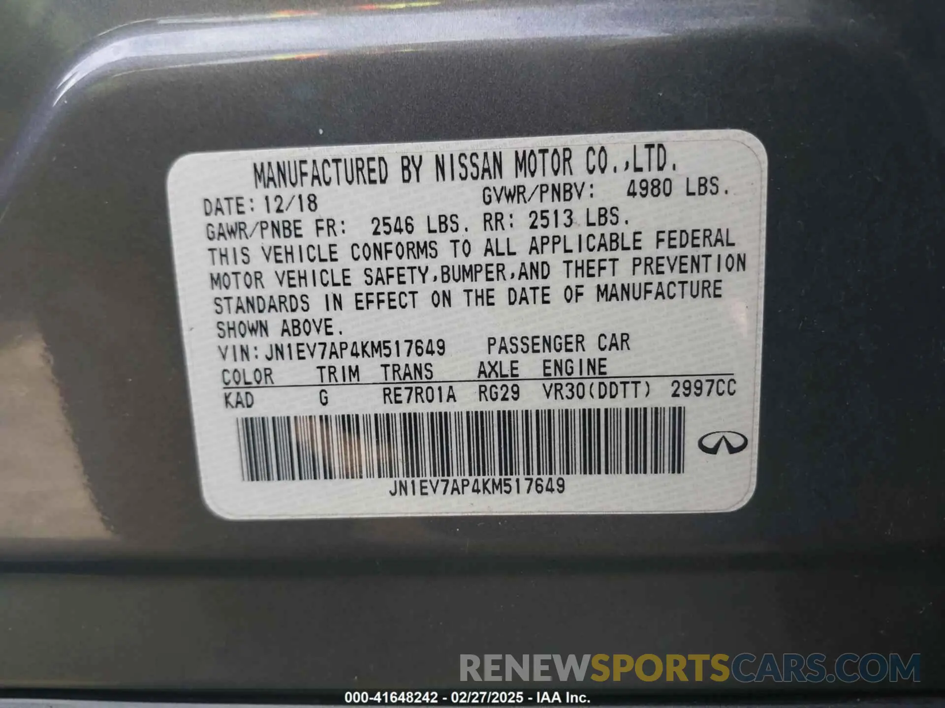 9 fotografías del automóvil dañado JN1EV7AP4KM517649 INFINITI Q50 2019