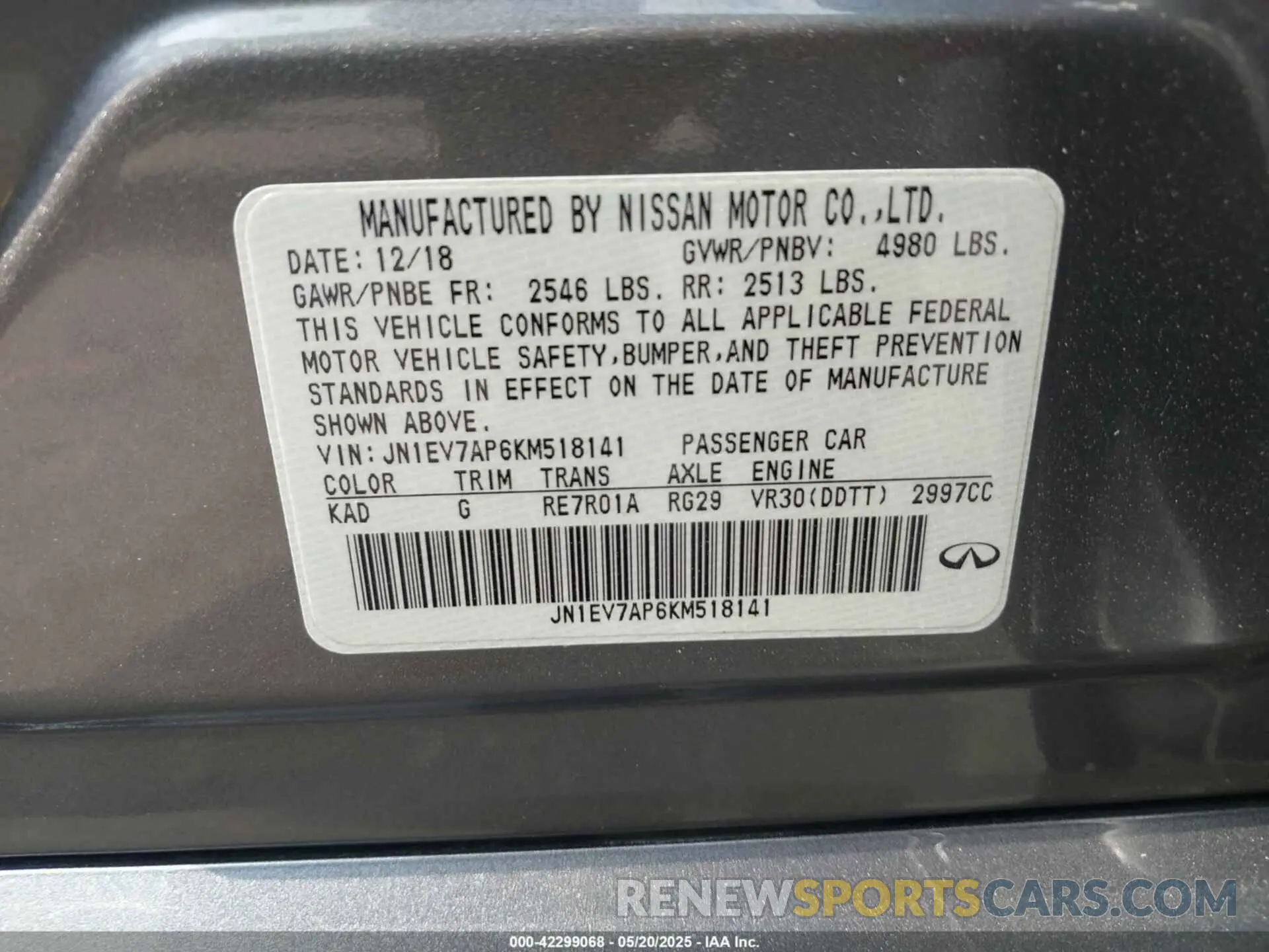 9 fotografías del automóvil dañado JN1EV7AP6KM518141 INFINITI Q50 2019