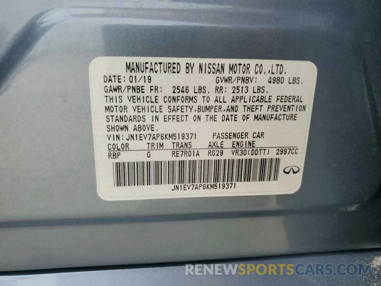 12 fotografías del automóvil dañado JN1EV7AP6KM519371 INFINITI Q50 2019