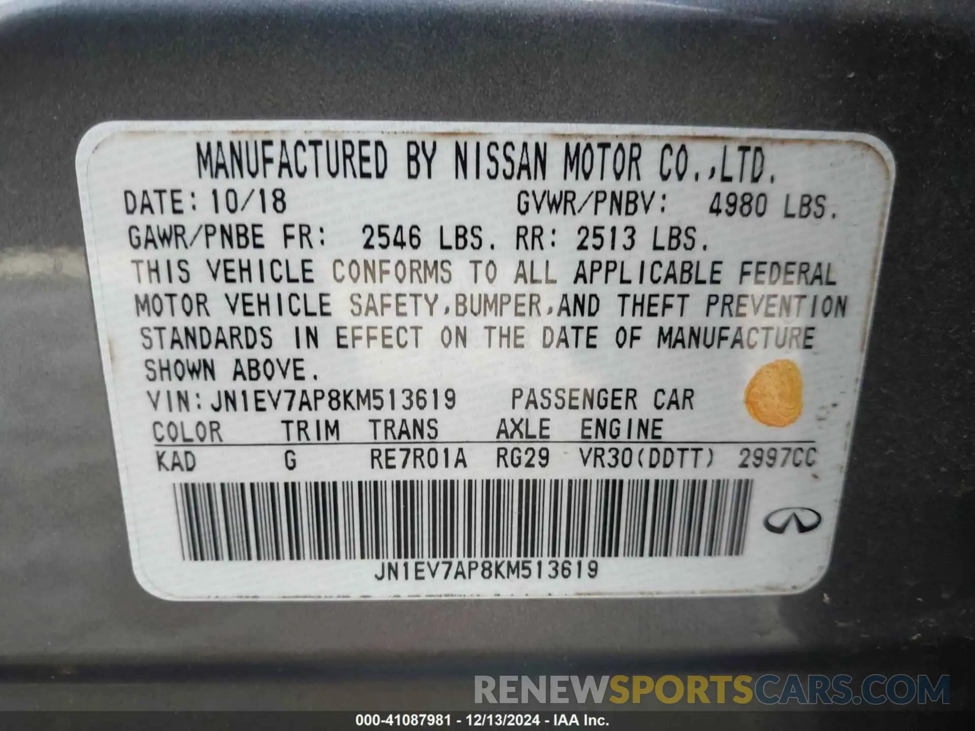 9 fotografías del automóvil dañado JN1EV7AP8KM513619 INFINITI Q50 2019