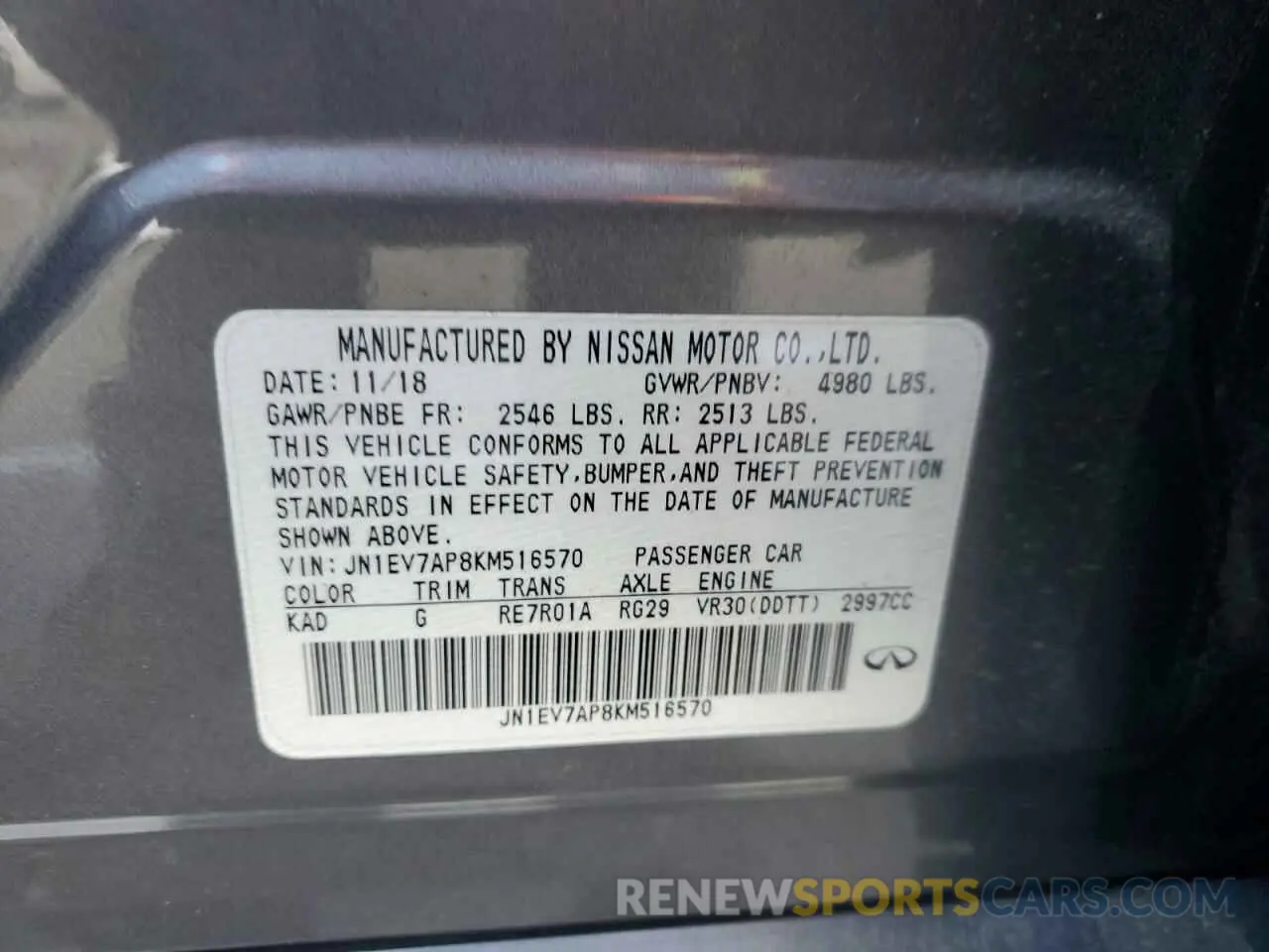 12 fotografías del automóvil dañado JN1EV7AP8KM516570 INFINITI Q50 2019