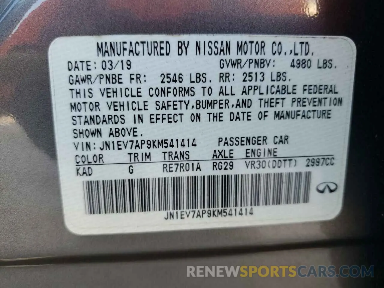 12 fotografías del automóvil dañado JN1EV7AP9KM541414 INFINITI Q50 2019