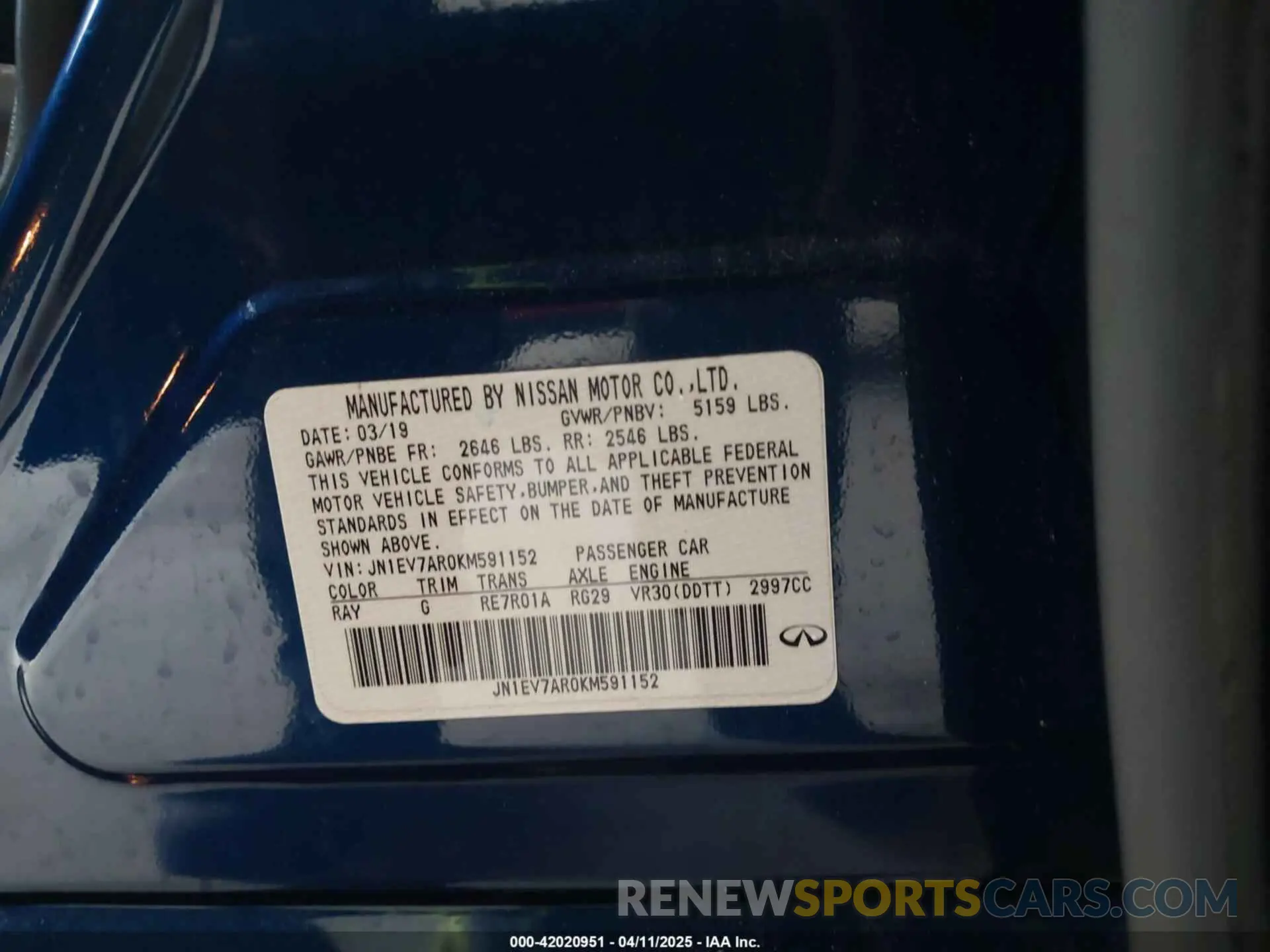 9 fotografías del automóvil dañado JN1EV7AR0KM591152 INFINITI Q50 2019