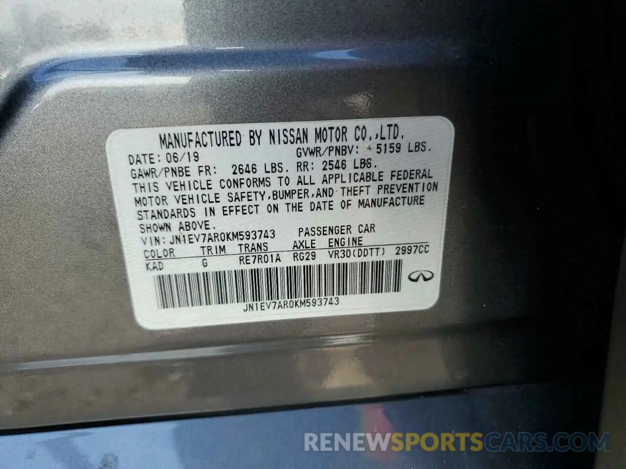 15 fotografías del automóvil dañado JN1EV7AR0KM593743 INFINITI Q50 2019