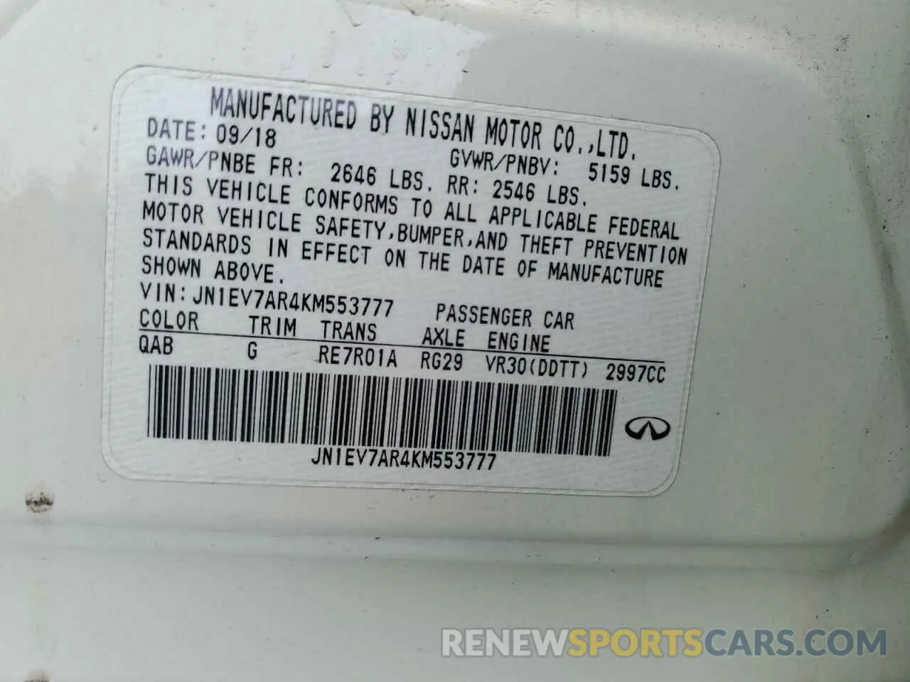 12 fotografías del automóvil dañado JN1EV7AR4KM553777 INFINITI Q50 2019