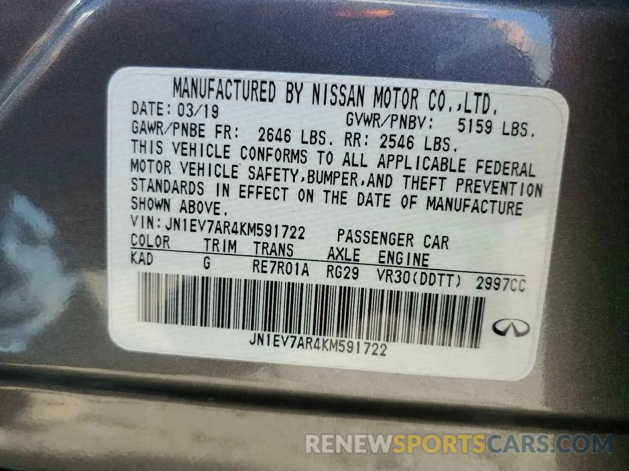 14 fotografías del automóvil dañado JN1EV7AR4KM591722 INFINITI Q50 2019