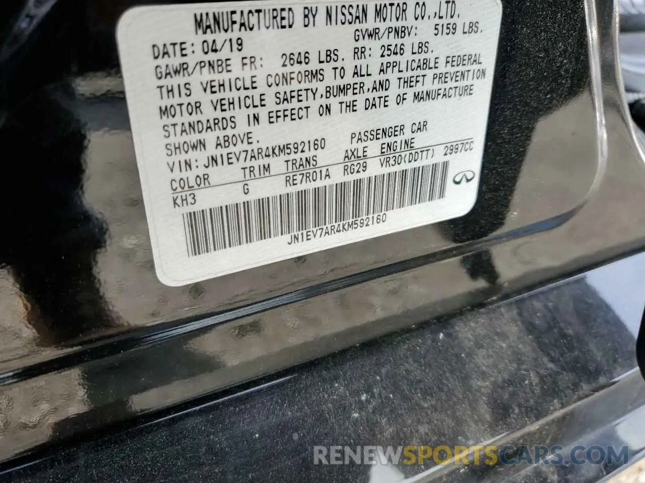 12 fotografías del automóvil dañado JN1EV7AR4KM592160 INFINITI Q50 2019