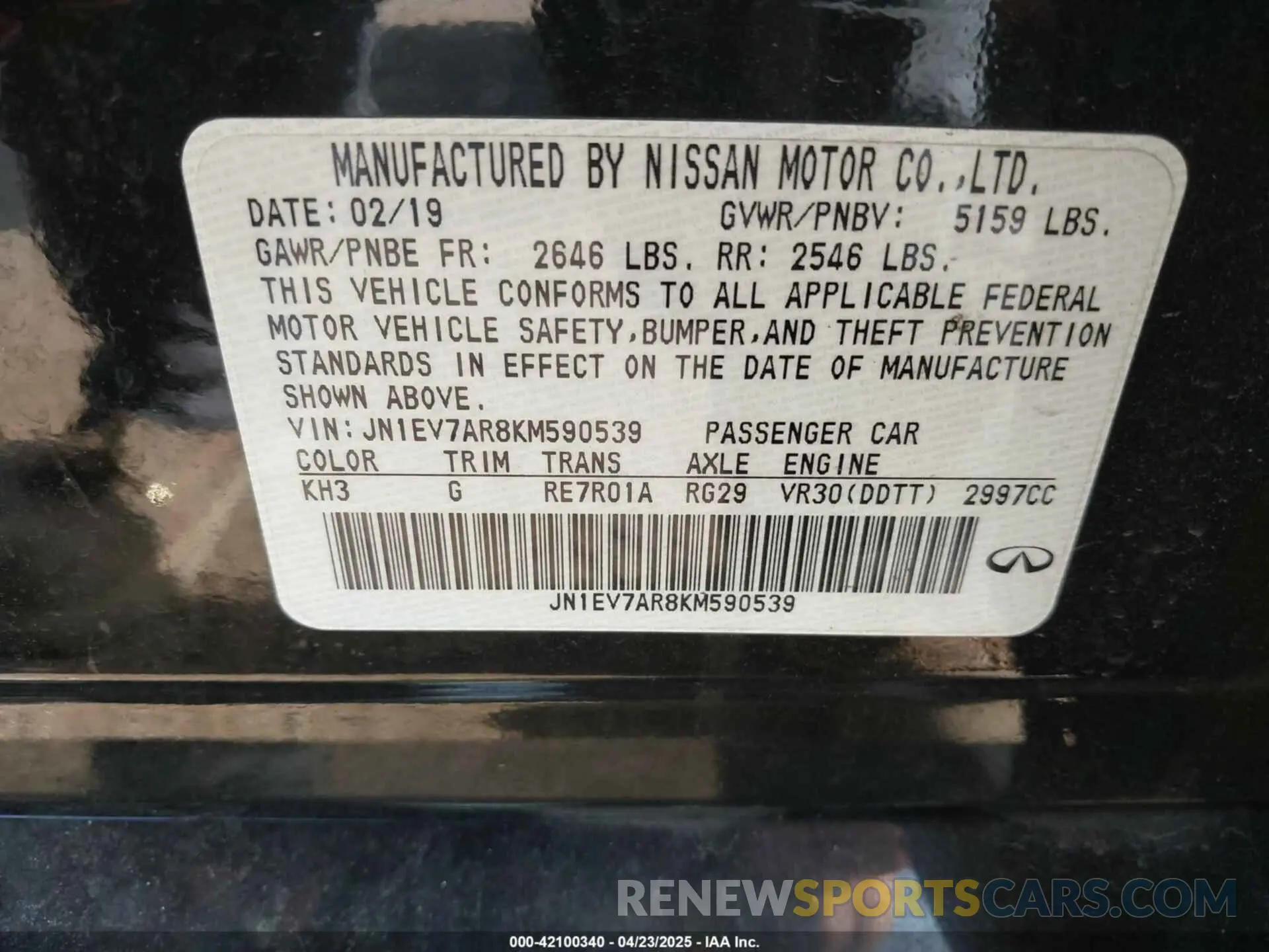 9 fotografías del automóvil dañado JN1EV7AR8KM590539 INFINITI Q50 2019