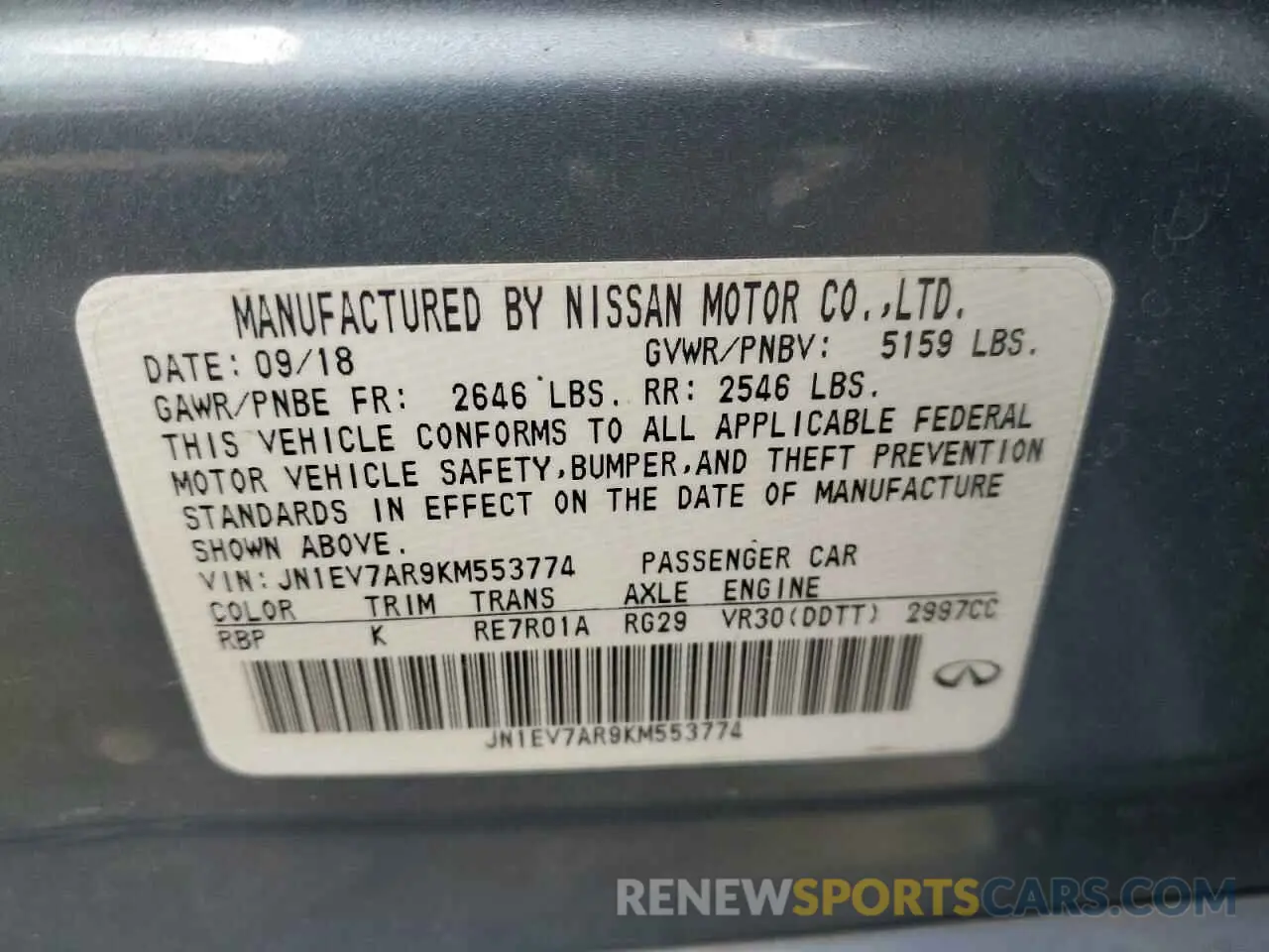 13 fotografías del automóvil dañado JN1EV7AR9KM553774 INFINITI Q50 2019