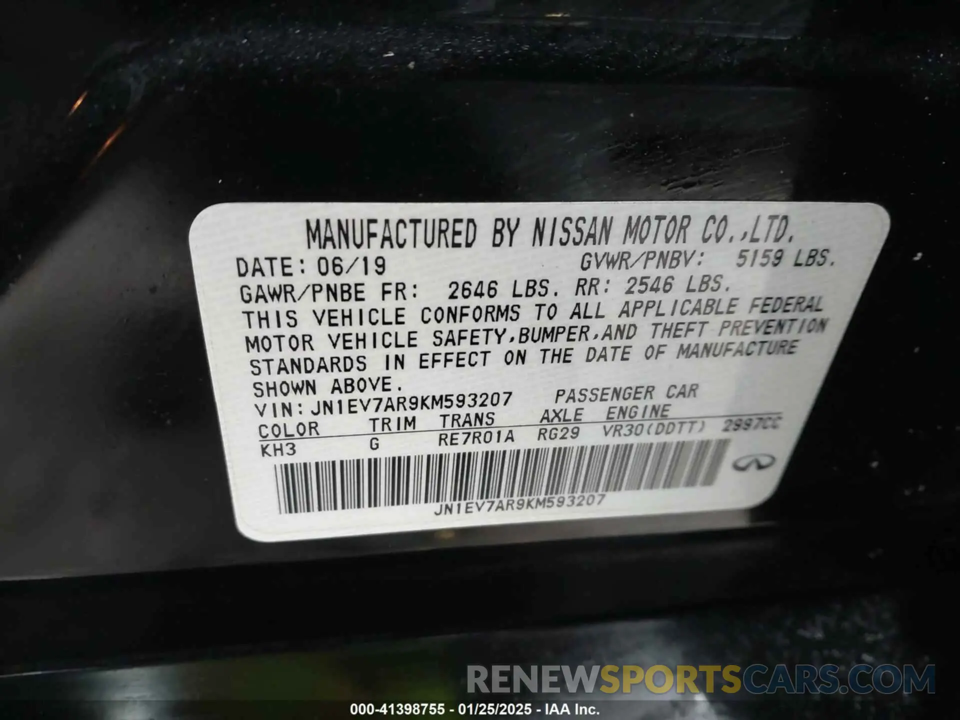 9 fotografías del automóvil dañado JN1EV7AR9KM593207 INFINITI Q50 2019