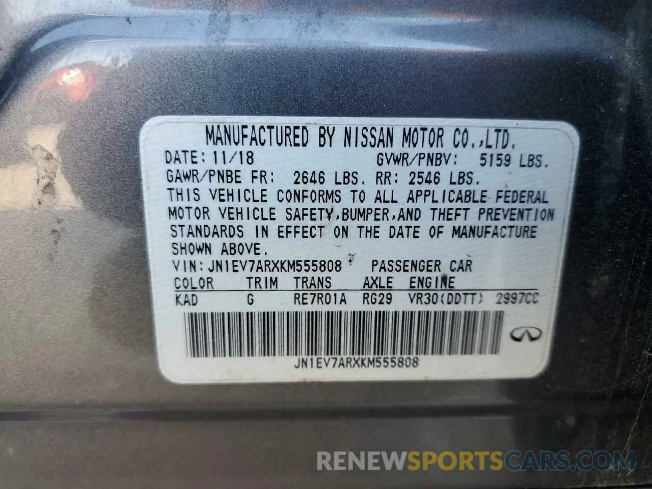 12 fotografías del automóvil dañado JN1EV7ARXKM555808 INFINITI Q50 2019