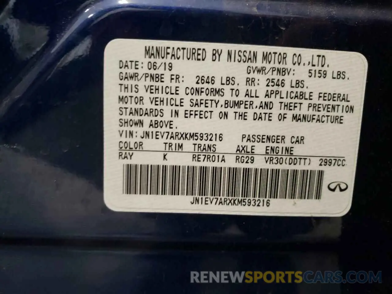 12 fotografías del automóvil dañado JN1EV7ARXKM593216 INFINITI Q50 2019