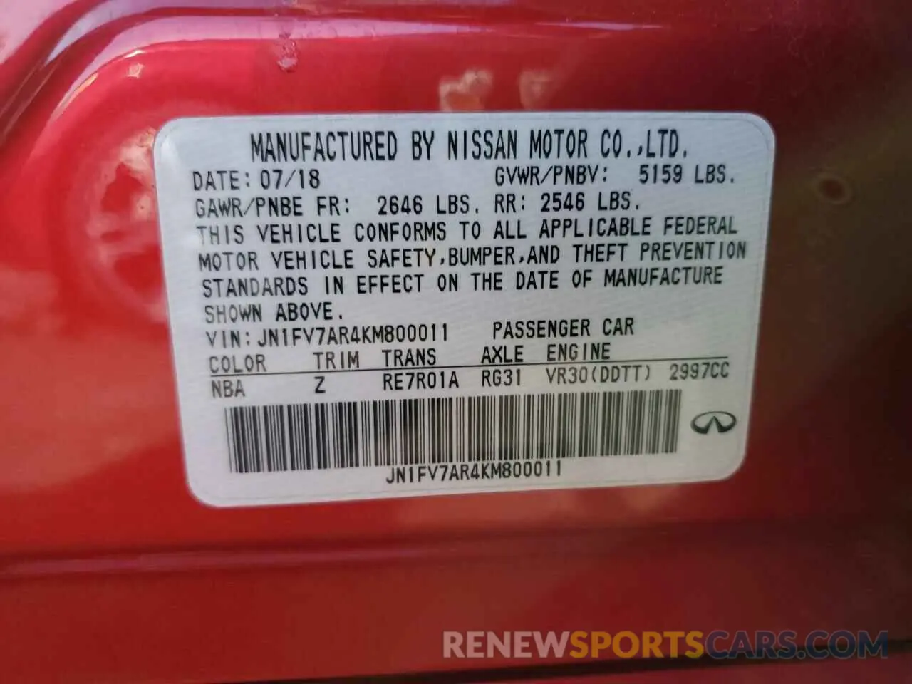12 fotografías del automóvil dañado JN1FV7AR4KM800011 INFINITI Q50 2019