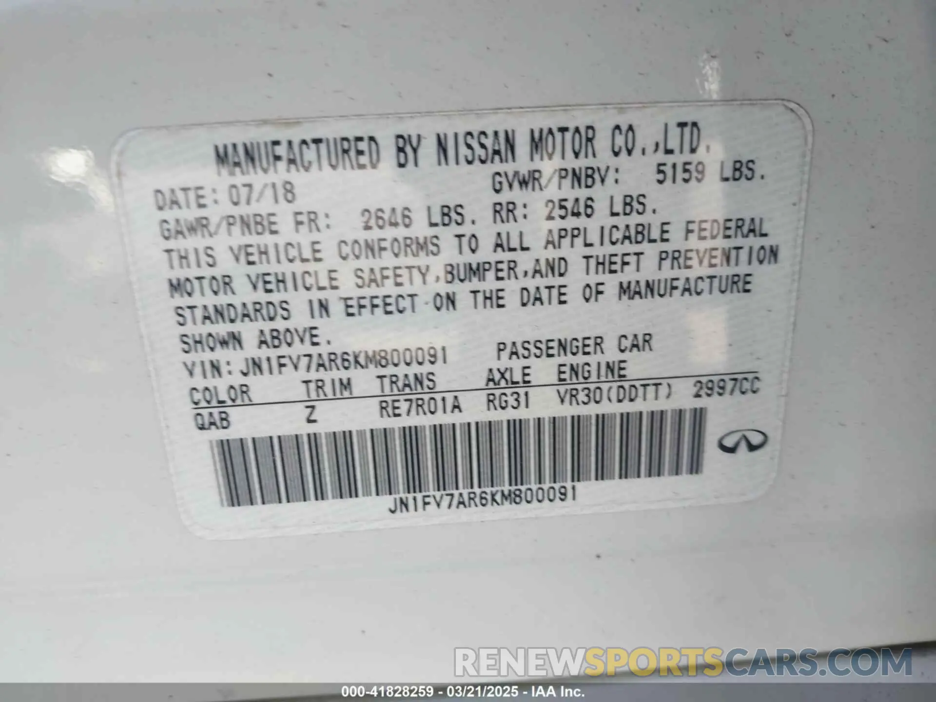 9 fotografías del automóvil dañado JN1FV7AR6KM800091 INFINITI Q50 2019