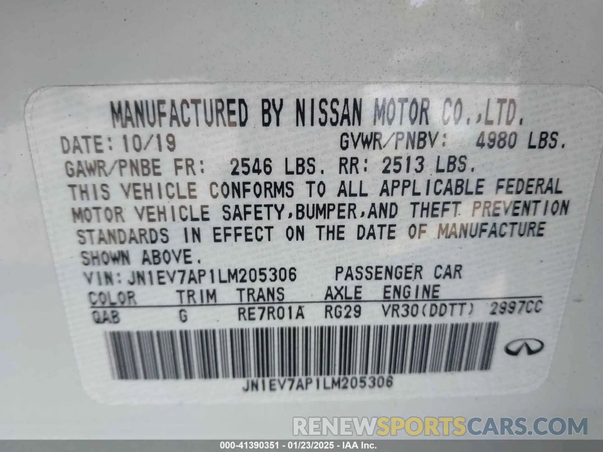 9 fotografías del automóvil dañado JN1EV7AP1LM205306 INFINITI Q50 2020
