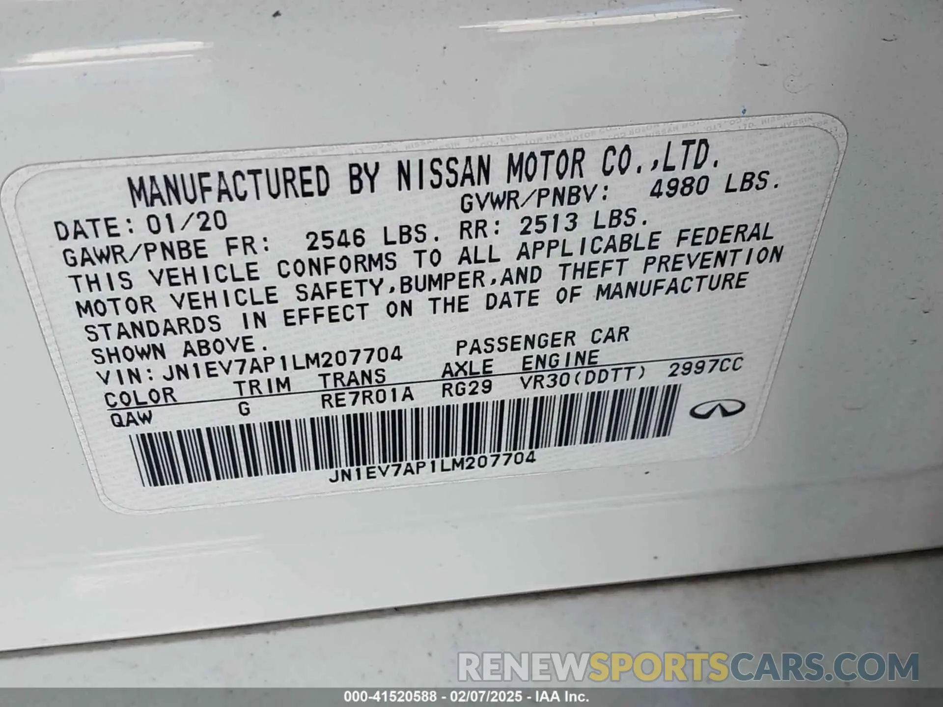 9 fotografías del automóvil dañado JN1EV7AP1LM207704 INFINITI Q50 2020