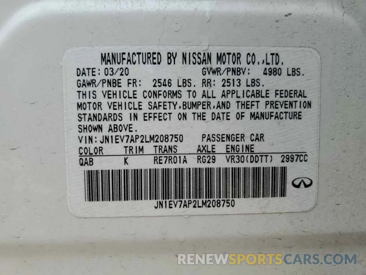 13 fotografías del automóvil dañado JN1EV7AP2LM208750 INFINITI Q50 2020