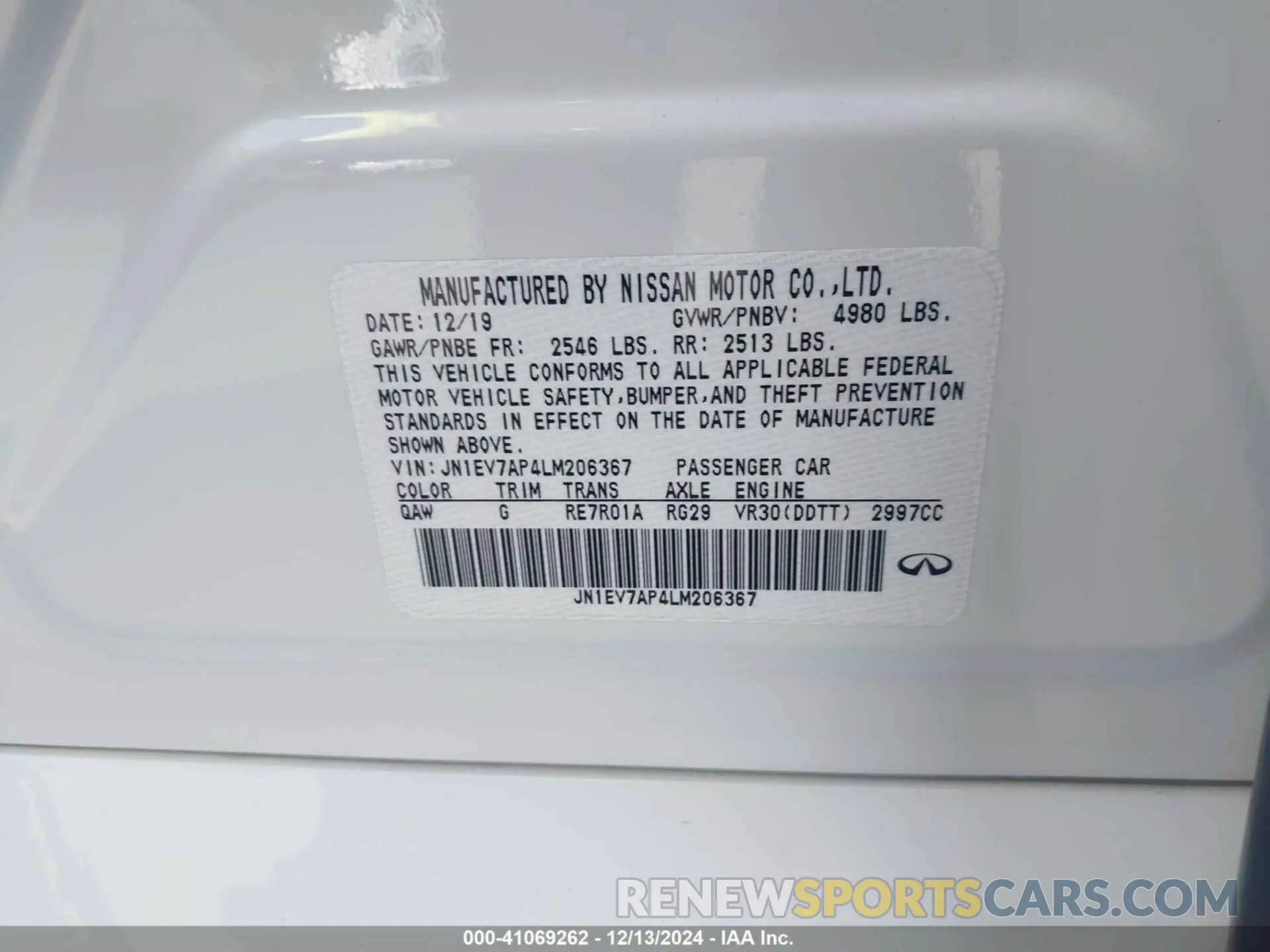 9 fotografías del automóvil dañado JN1EV7AP4LM206367 INFINITI Q50 2020