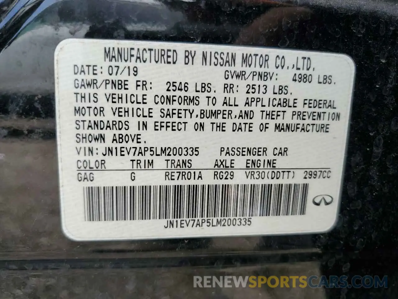 12 fotografías del automóvil dañado JN1EV7AP5LM200335 INFINITI Q50 2020