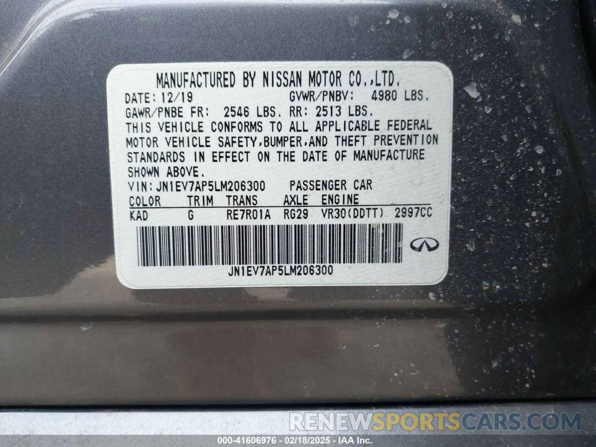 9 fotografías del automóvil dañado JN1EV7AP5LM206300 INFINITI Q50 2020