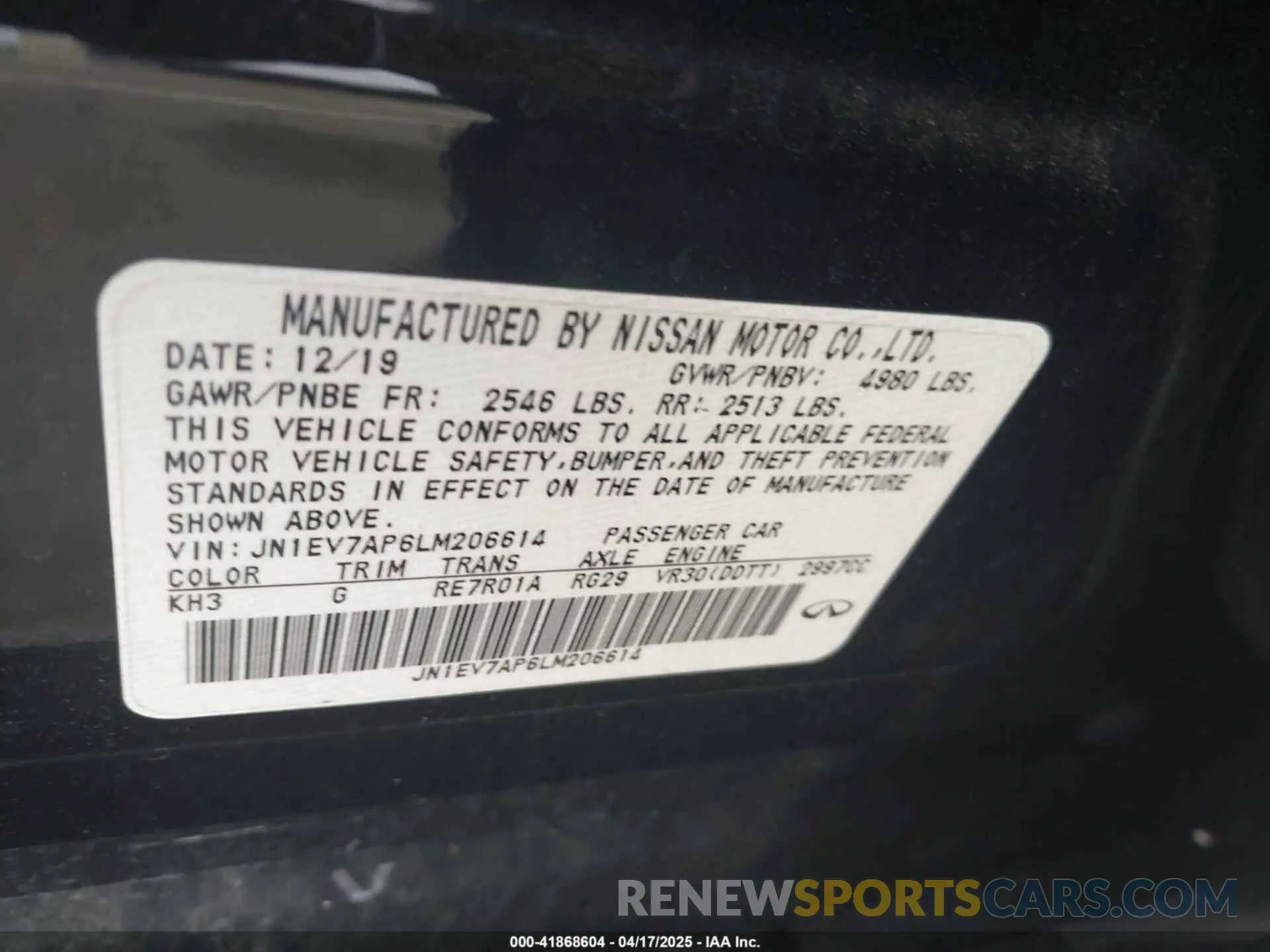 9 fotografías del automóvil dañado JN1EV7AP6LM206614 INFINITI Q50 2020