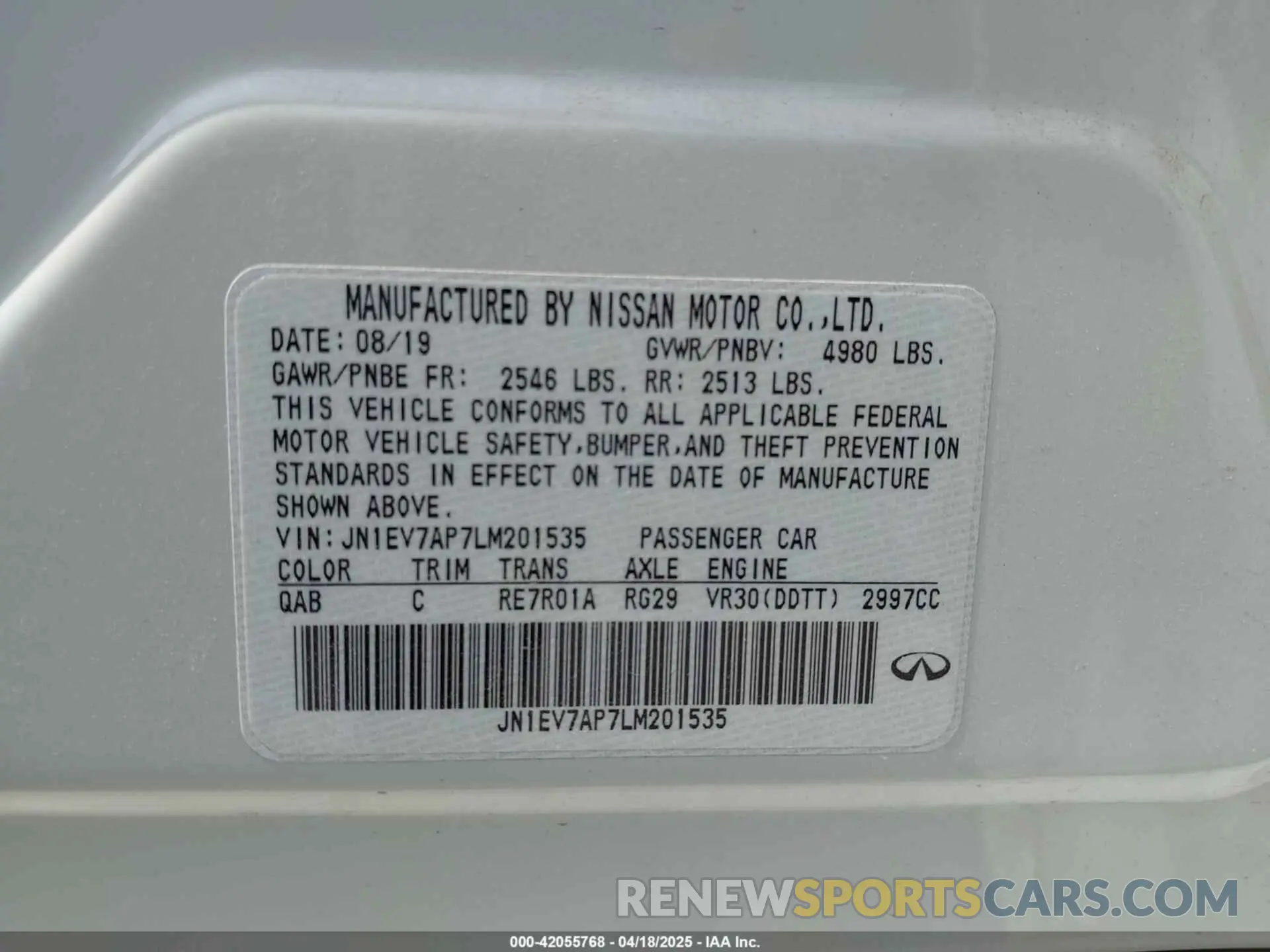9 fotografías del automóvil dañado JN1EV7AP7LM201535 INFINITI Q50 2020