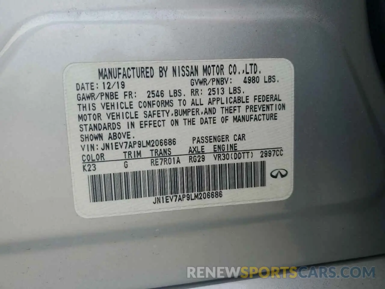 13 fotografías del automóvil dañado JN1EV7AP9LM206686 INFINITI Q50 2020