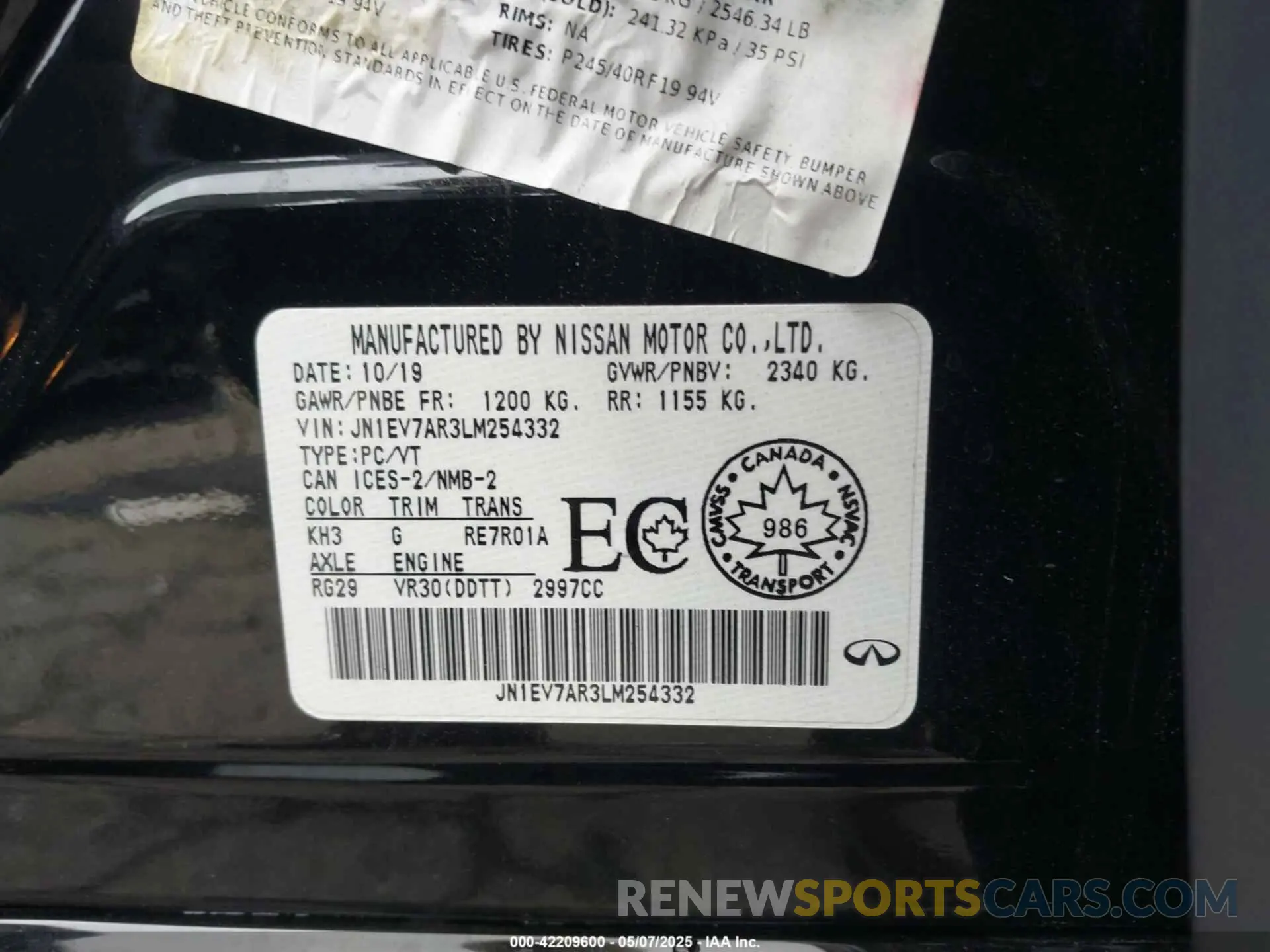 9 fotografías del automóvil dañado JN1EV7AR3LM254332 INFINITI Q50 2020