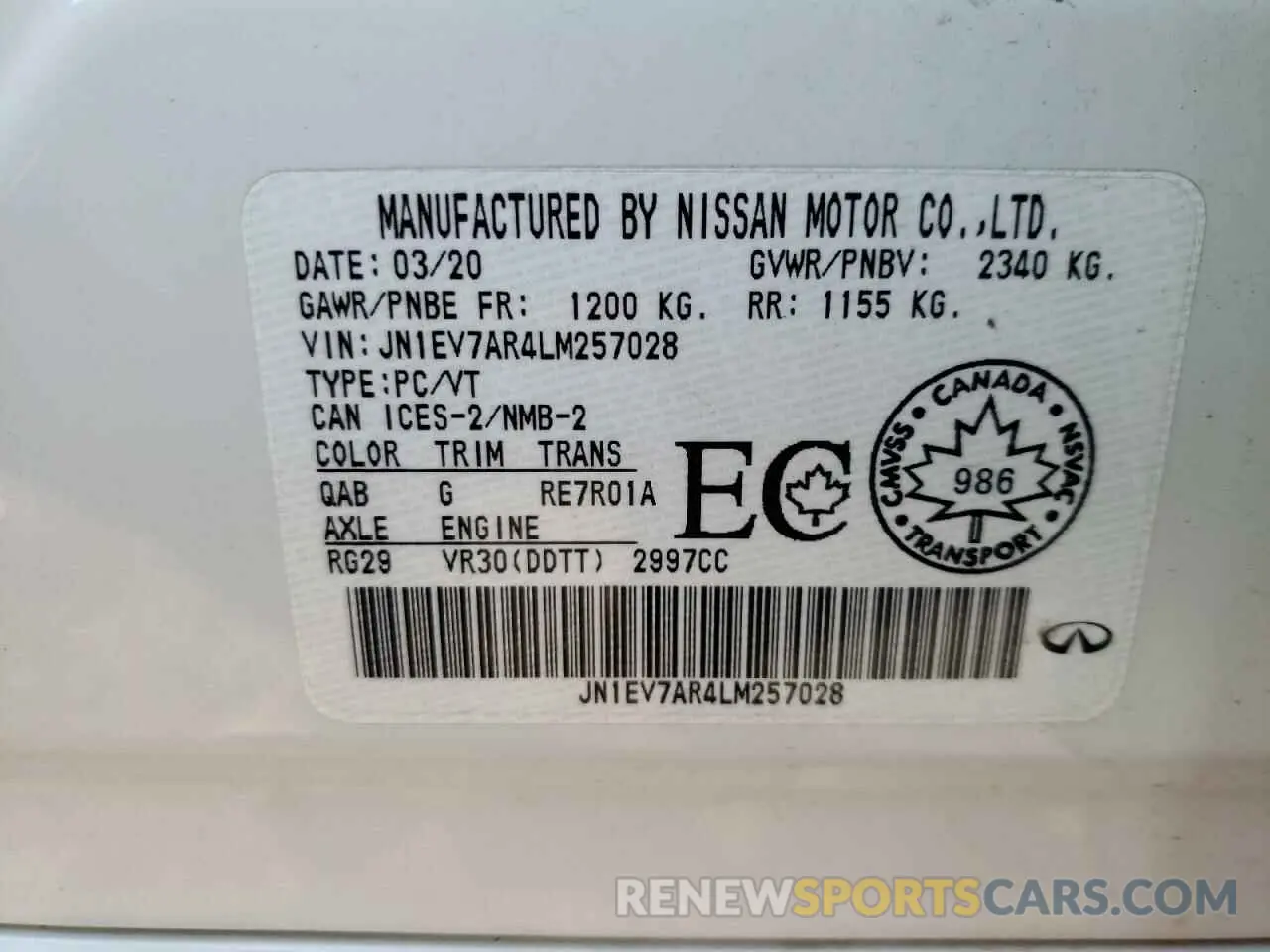 12 fotografías del automóvil dañado JN1EV7AR4LM257028 INFINITI Q50 2020