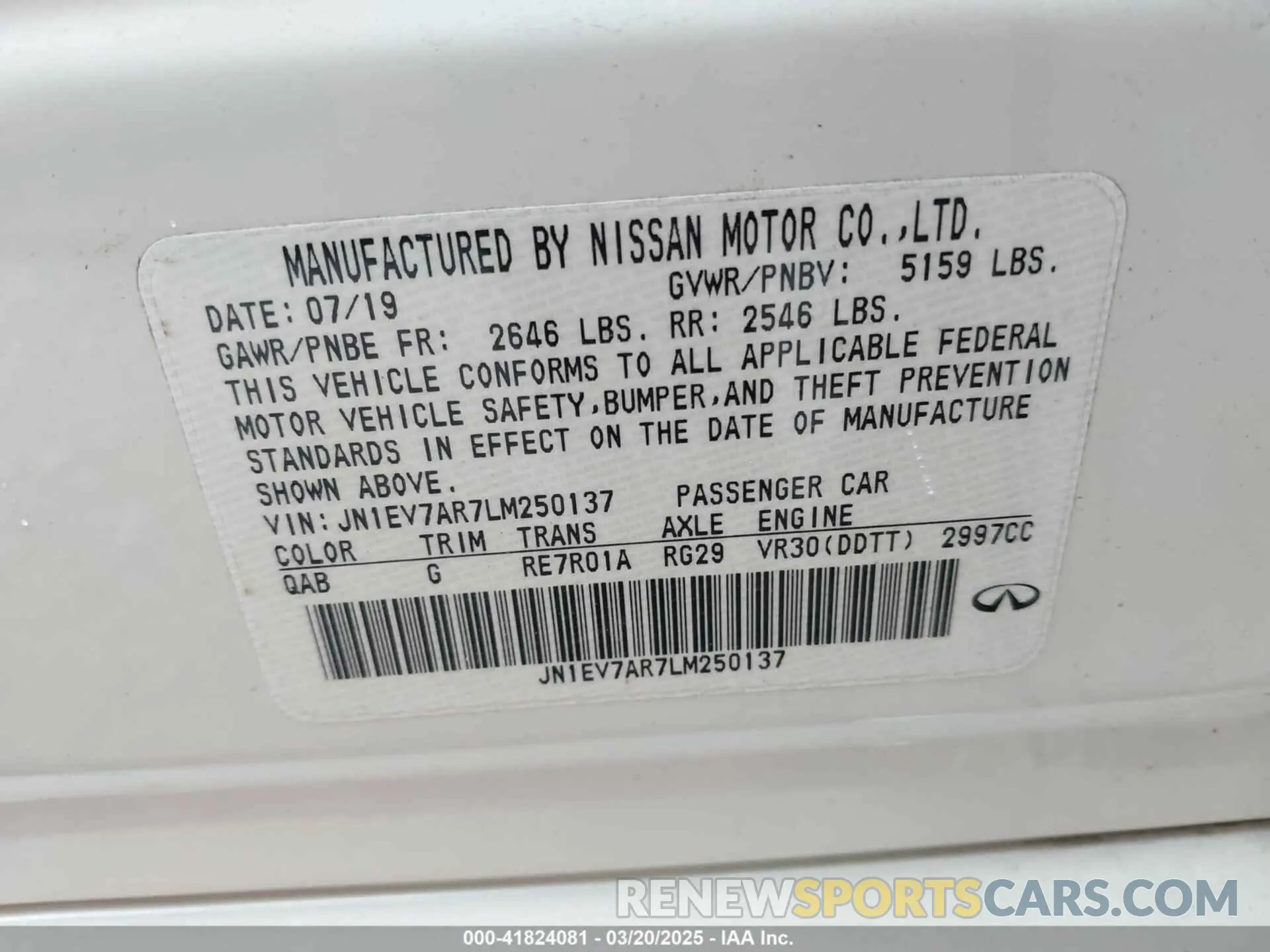9 fotografías del automóvil dañado JN1EV7AR7LM250137 INFINITI Q50 2020
