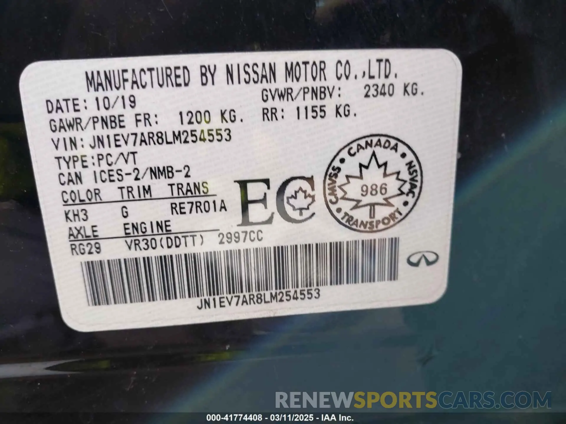 9 fotografías del automóvil dañado JN1EV7AR8LM254553 INFINITI Q50 2020