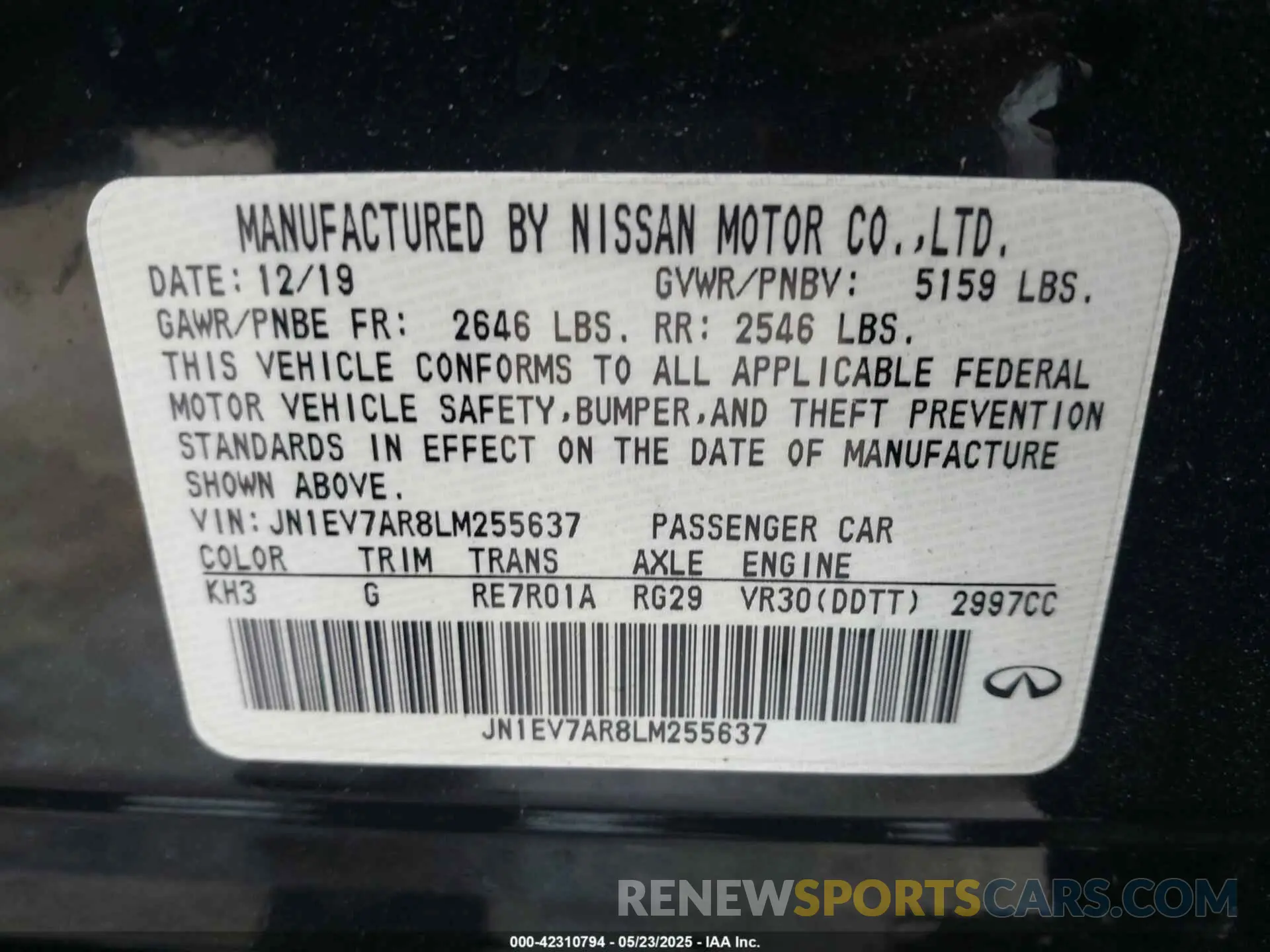 9 fotografías del automóvil dañado JN1EV7AR8LM255637 INFINITI Q50 2020