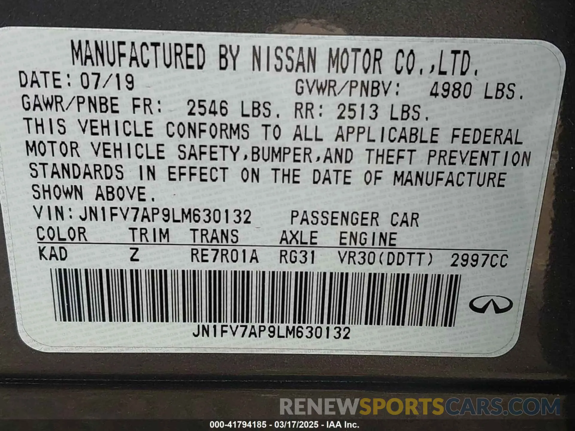 9 fotografías del automóvil dañado JN1FV7AP9LM630132 INFINITI Q50 2020
