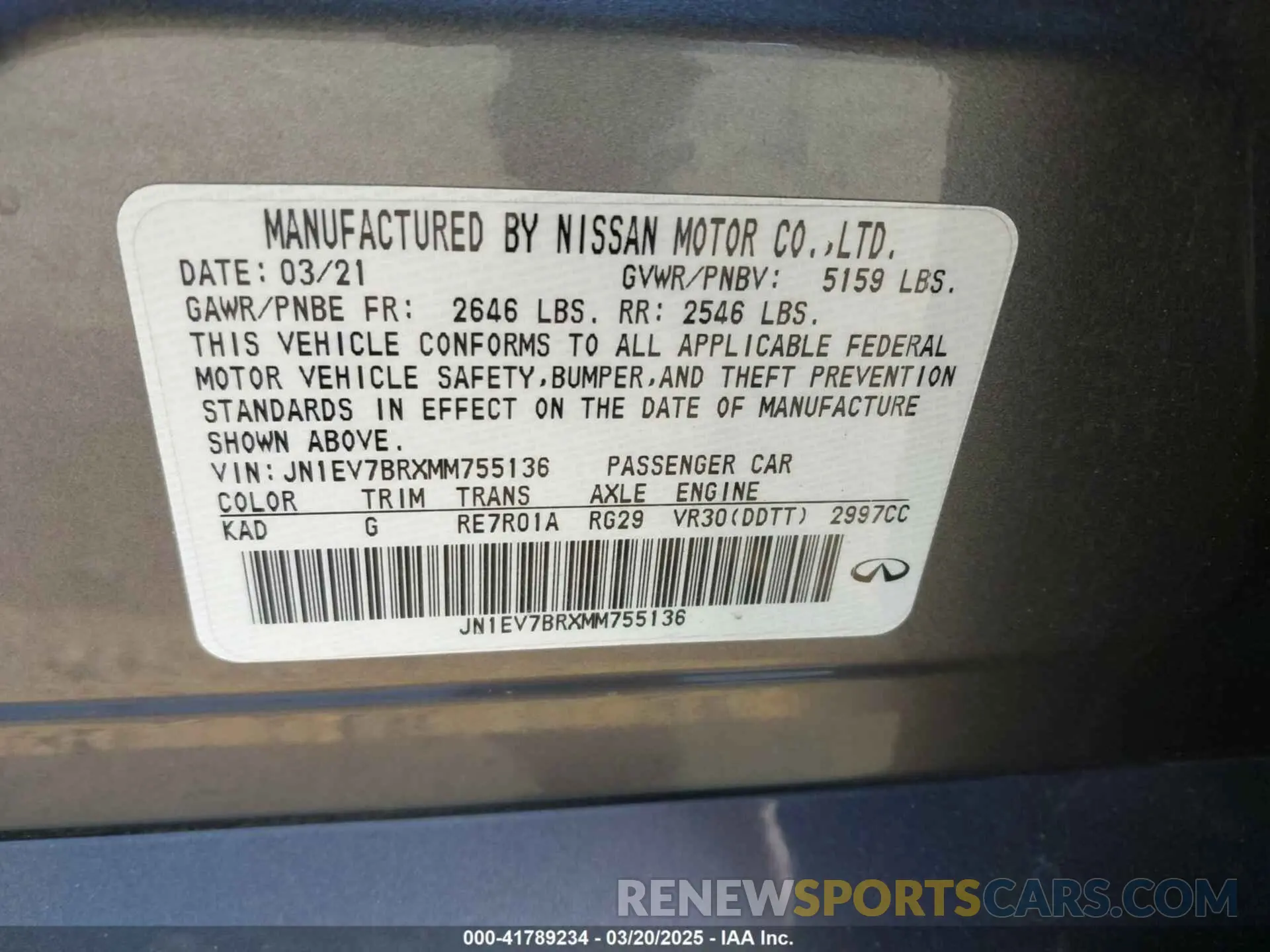 9 fotografías del automóvil dañado JN1EV7BRXMM755136 INFINITI Q50 2021