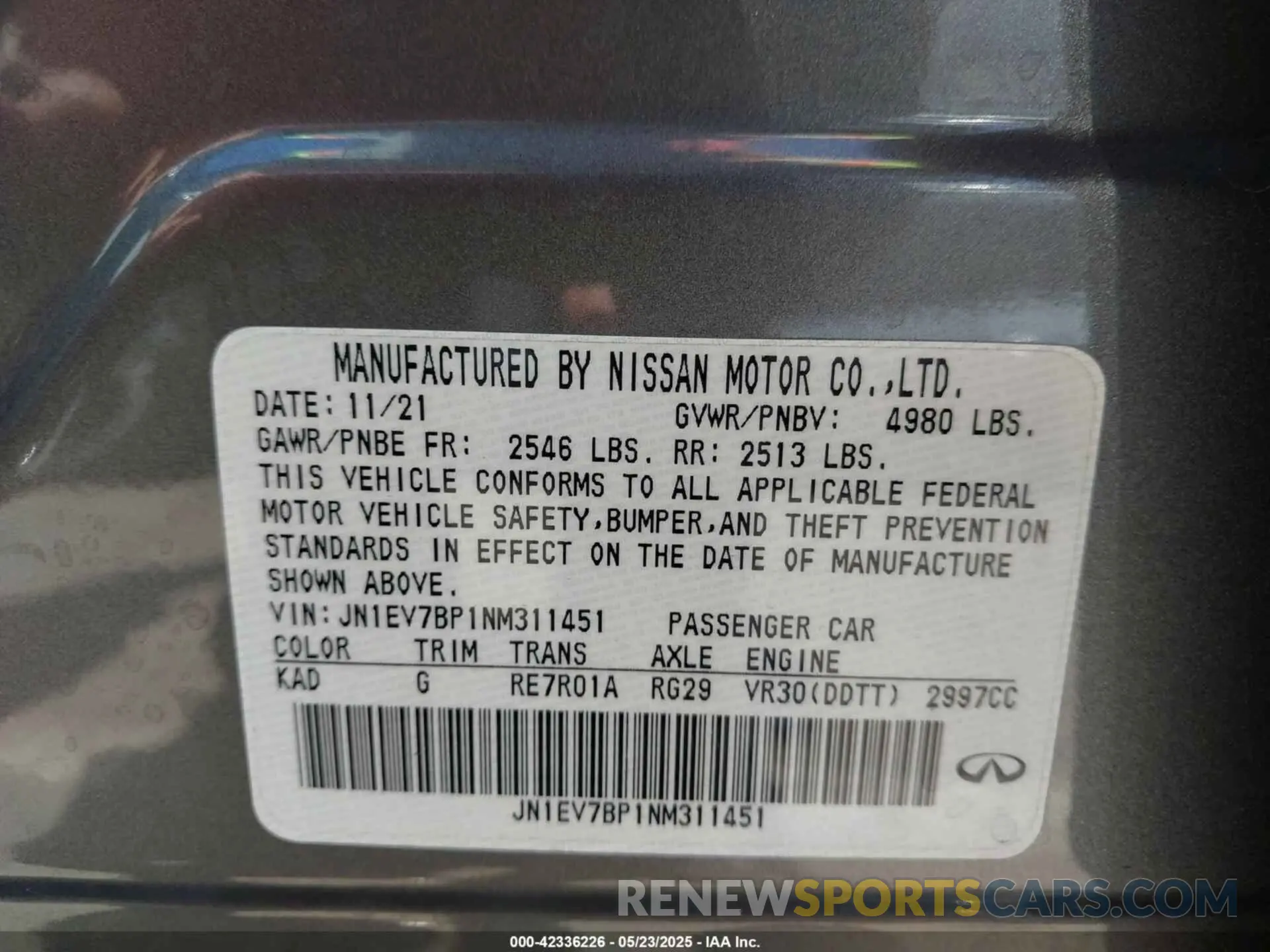 9 fotografías del automóvil dañado JN1EV7BP1NM311451 INFINITI Q50 2022