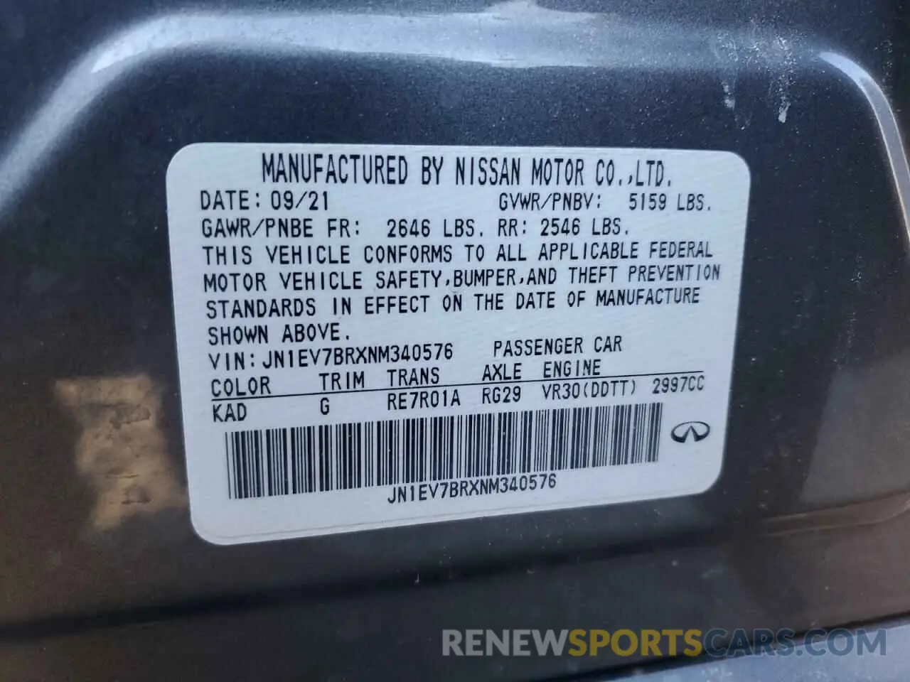 12 fotografías del automóvil dañado JN1EV7BRXNM340576 INFINITI Q50 2022