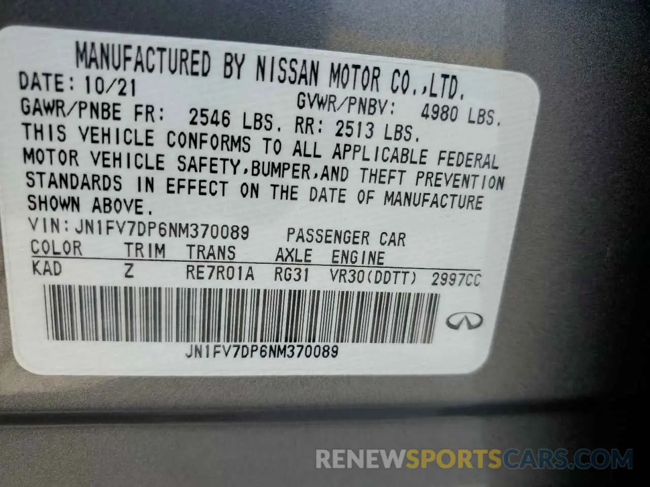 12 fotografías del automóvil dañado JN1FV7DP6NM370089 INFINITI Q50 2022