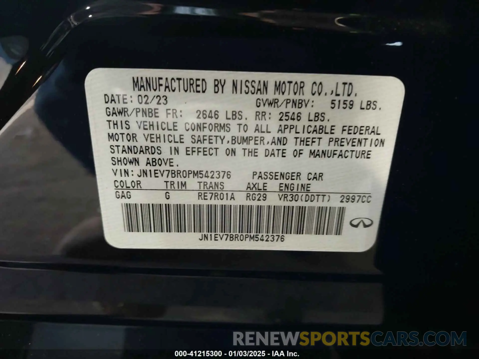 9 fotografías del automóvil dañado JN1EV7BR0PM542376 INFINITI Q50 2023