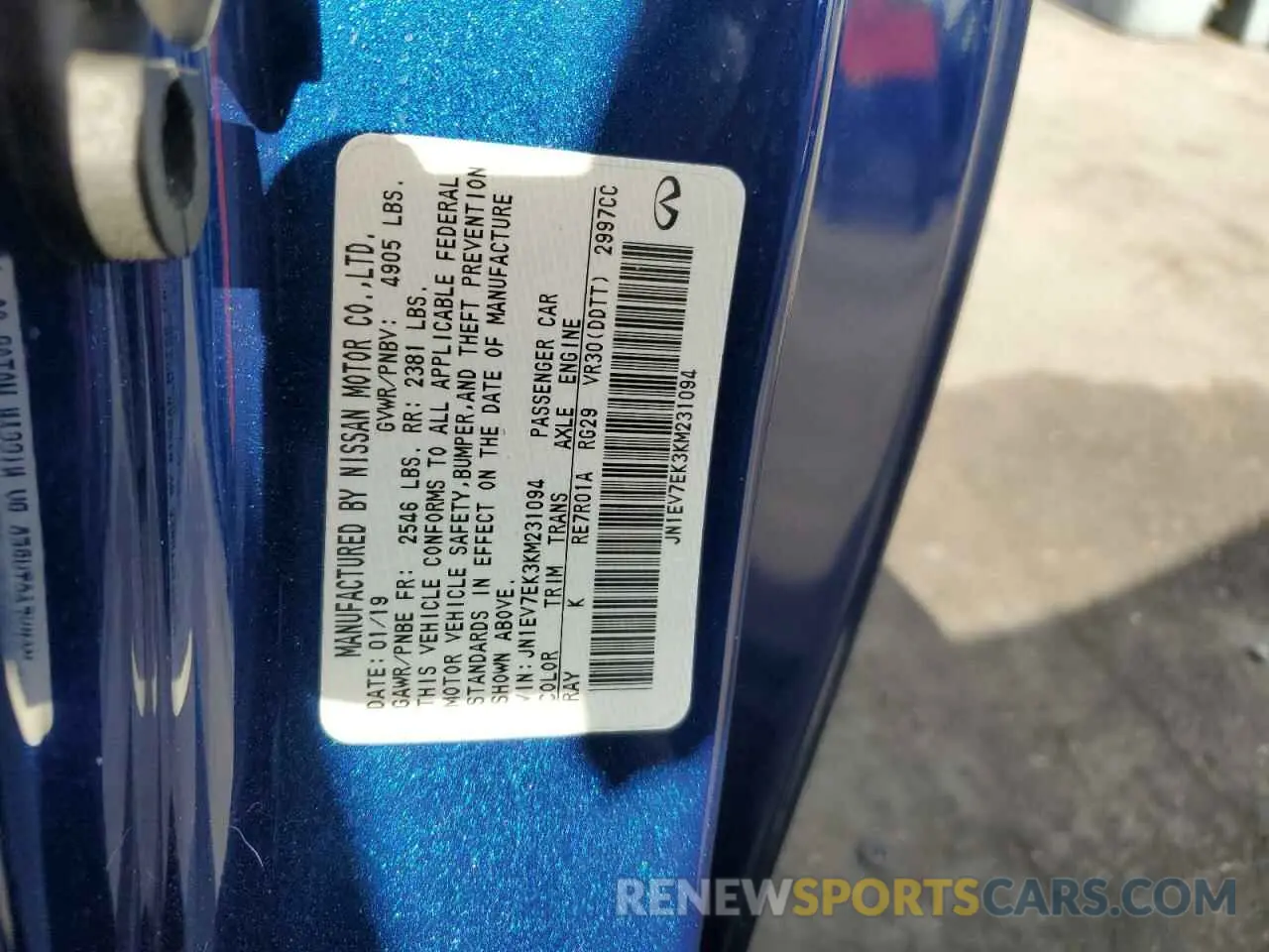 12 fotografías del automóvil dañado JN1EV7EK3KM231094 INFINITI Q60 2019