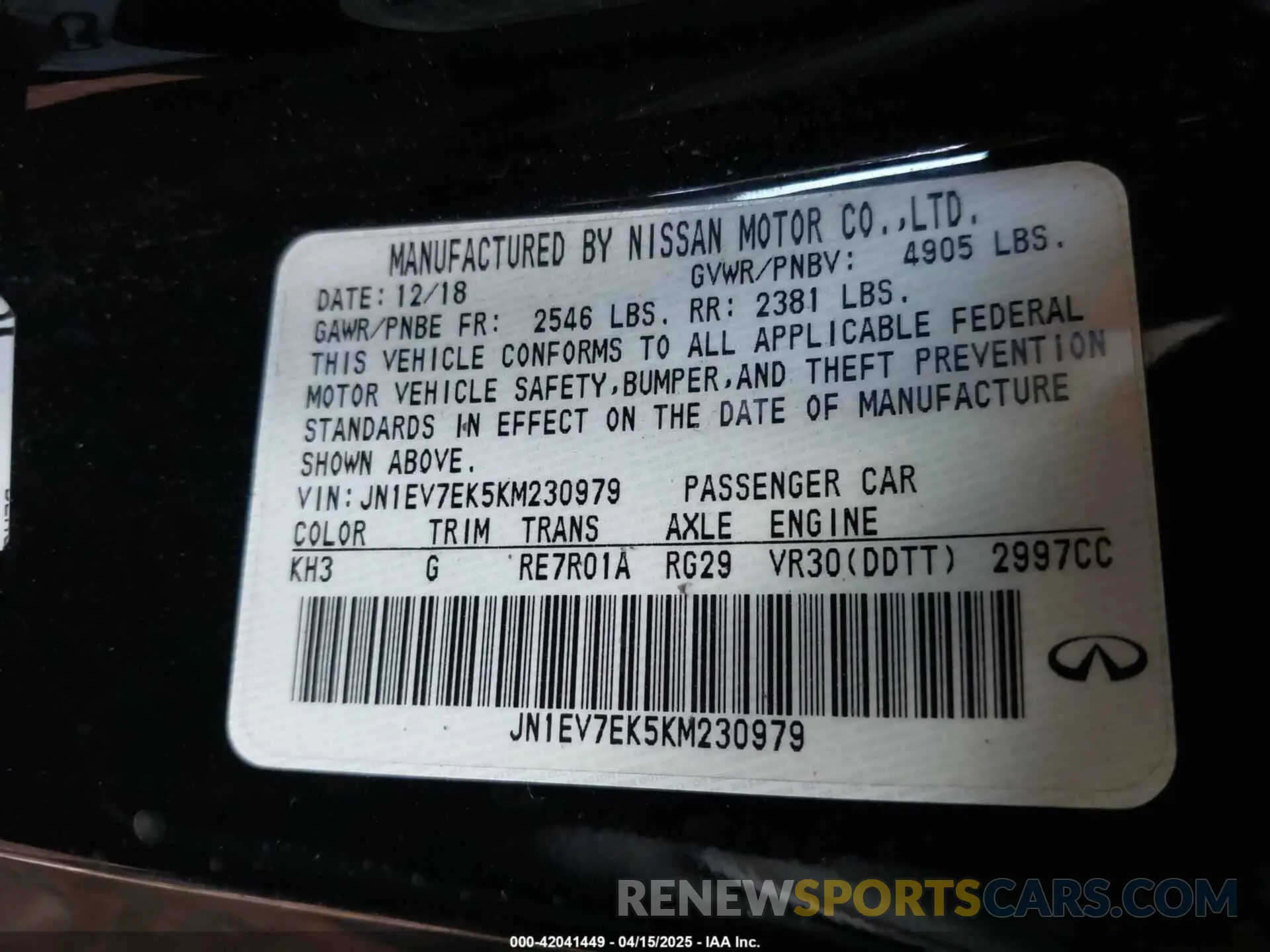 9 fotografías del automóvil dañado JN1EV7EK5KM230979 INFINITI Q60 2019