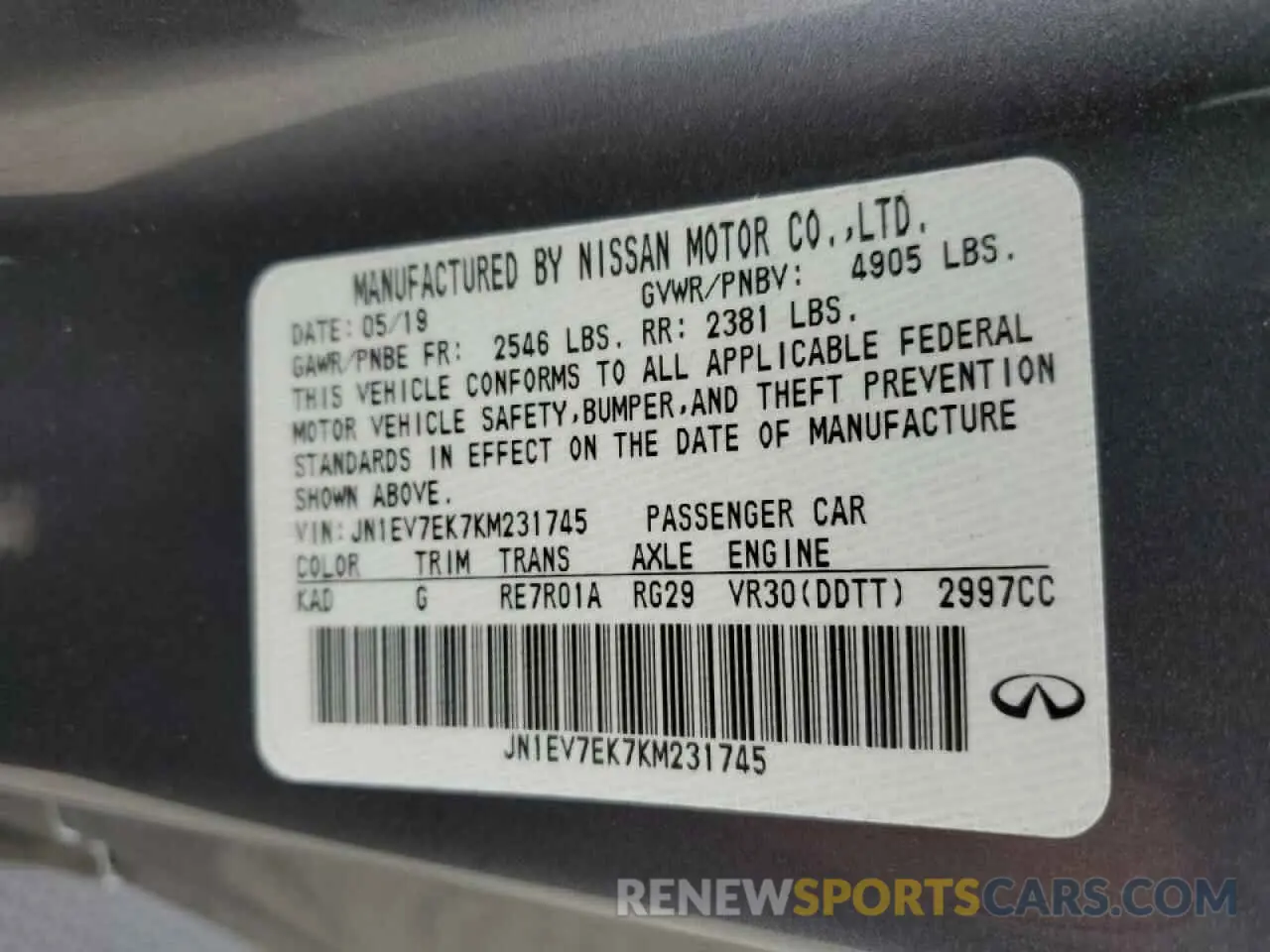 14 fotografías del automóvil dañado JN1EV7EK7KM231745 INFINITI Q60 2019