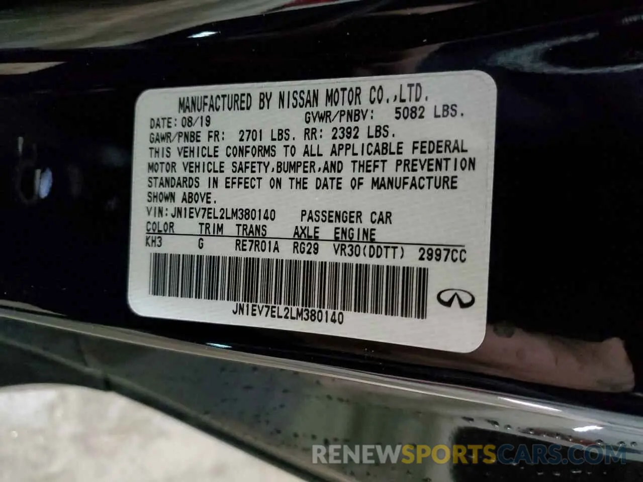 12 fotografías del automóvil dañado JN1EV7EL2LM380140 INFINITI Q60 2020