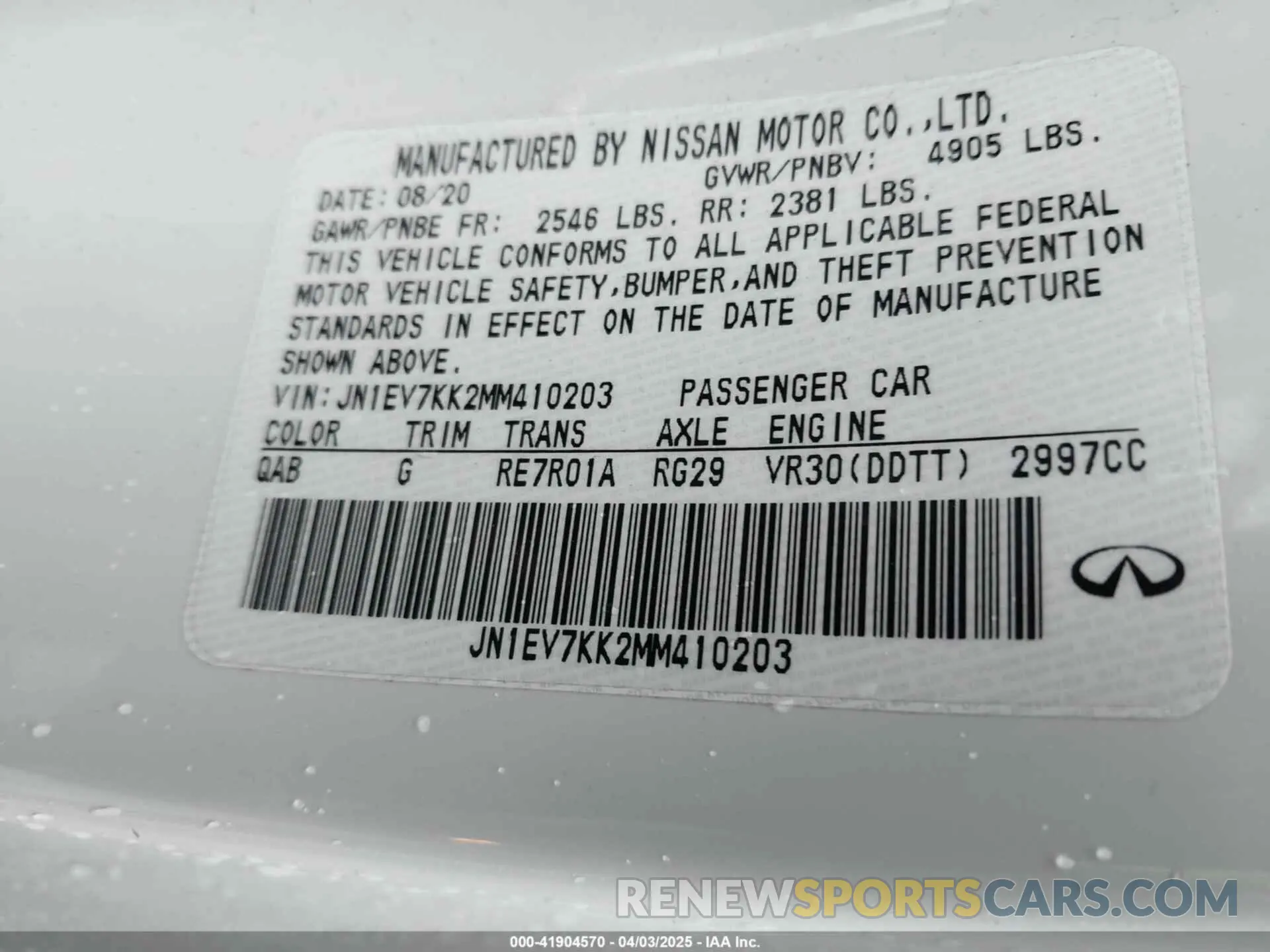 9 fotografías del automóvil dañado JN1EV7KK2MM410203 INFINITI Q60 2021