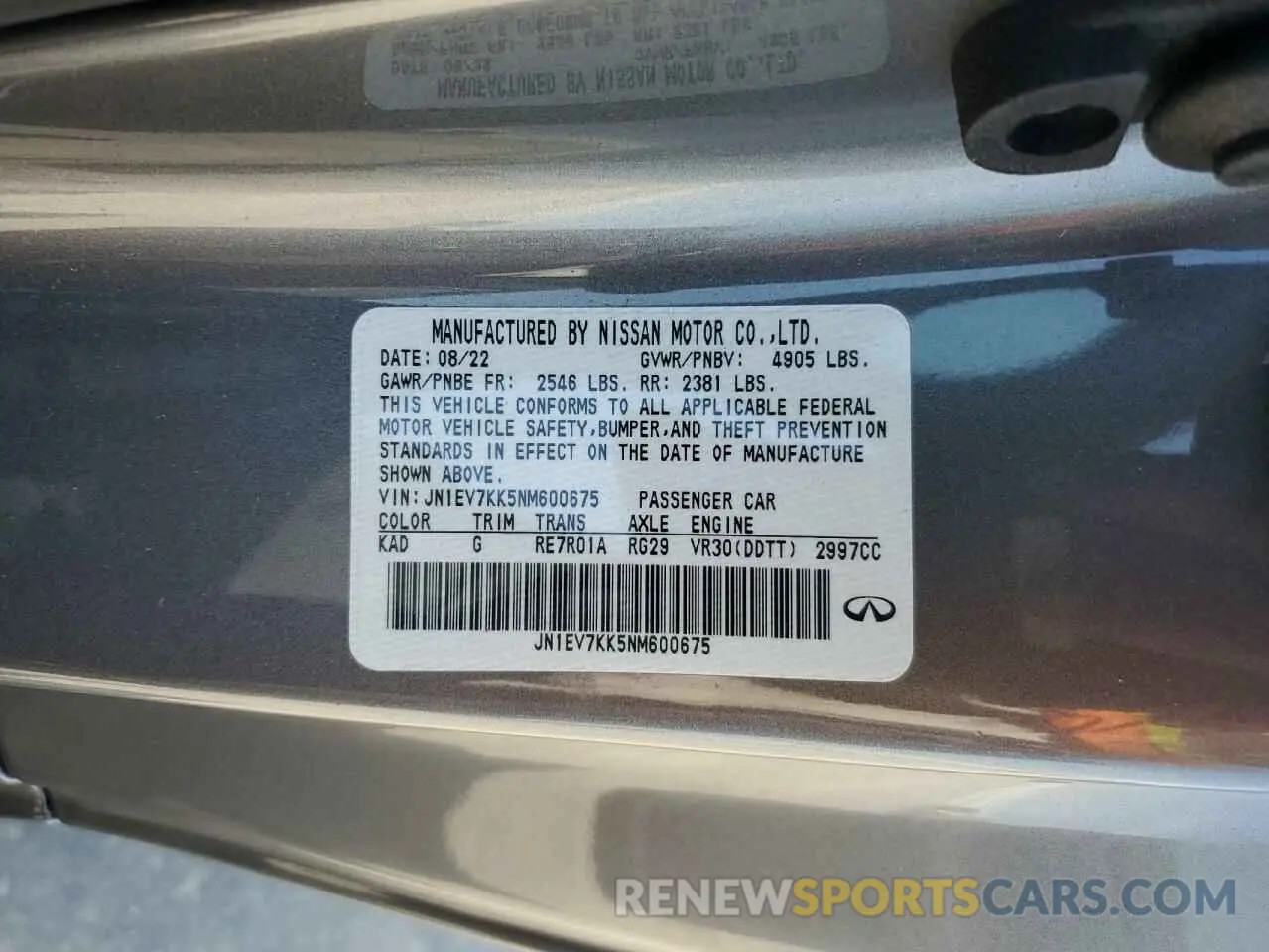 15 fotografías del automóvil dañado JN1EV7KK5NM600675 INFINITI Q60 2022