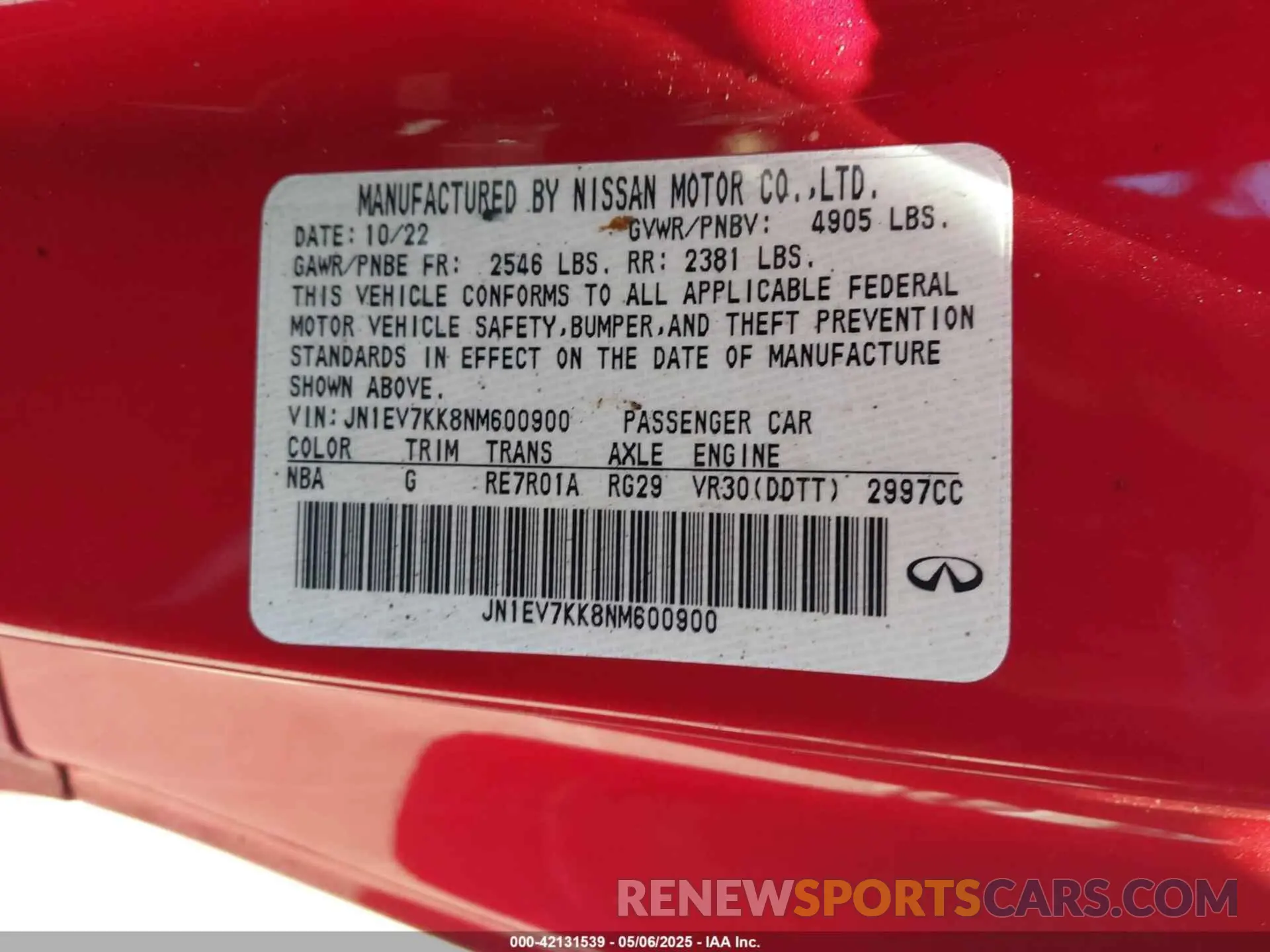 9 fotografías del automóvil dañado JN1EV7KK8NM600900 INFINITI Q60 2022