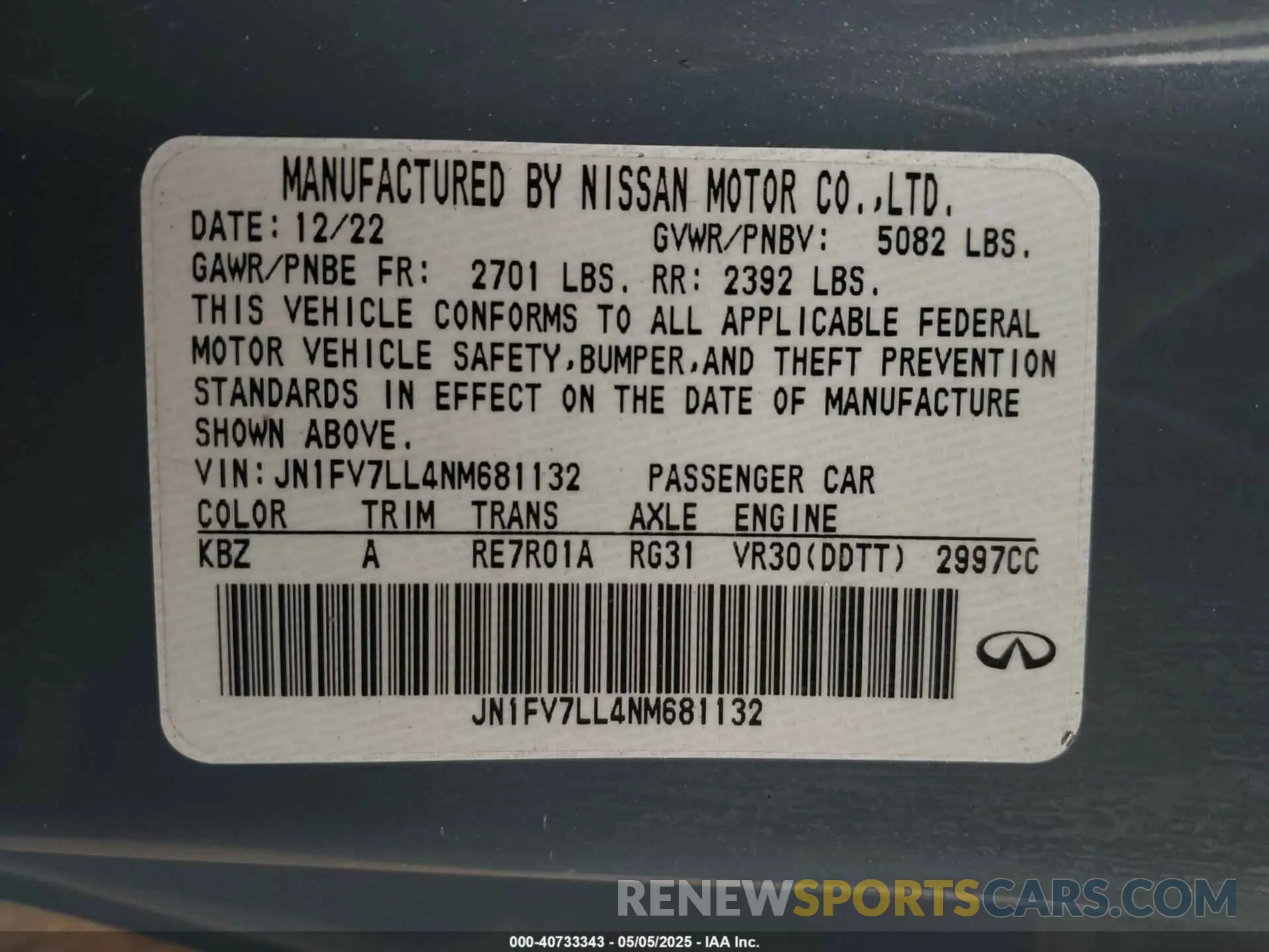9 fotografías del automóvil dañado JN1FV7LL4NM681132 INFINITI Q60 2022